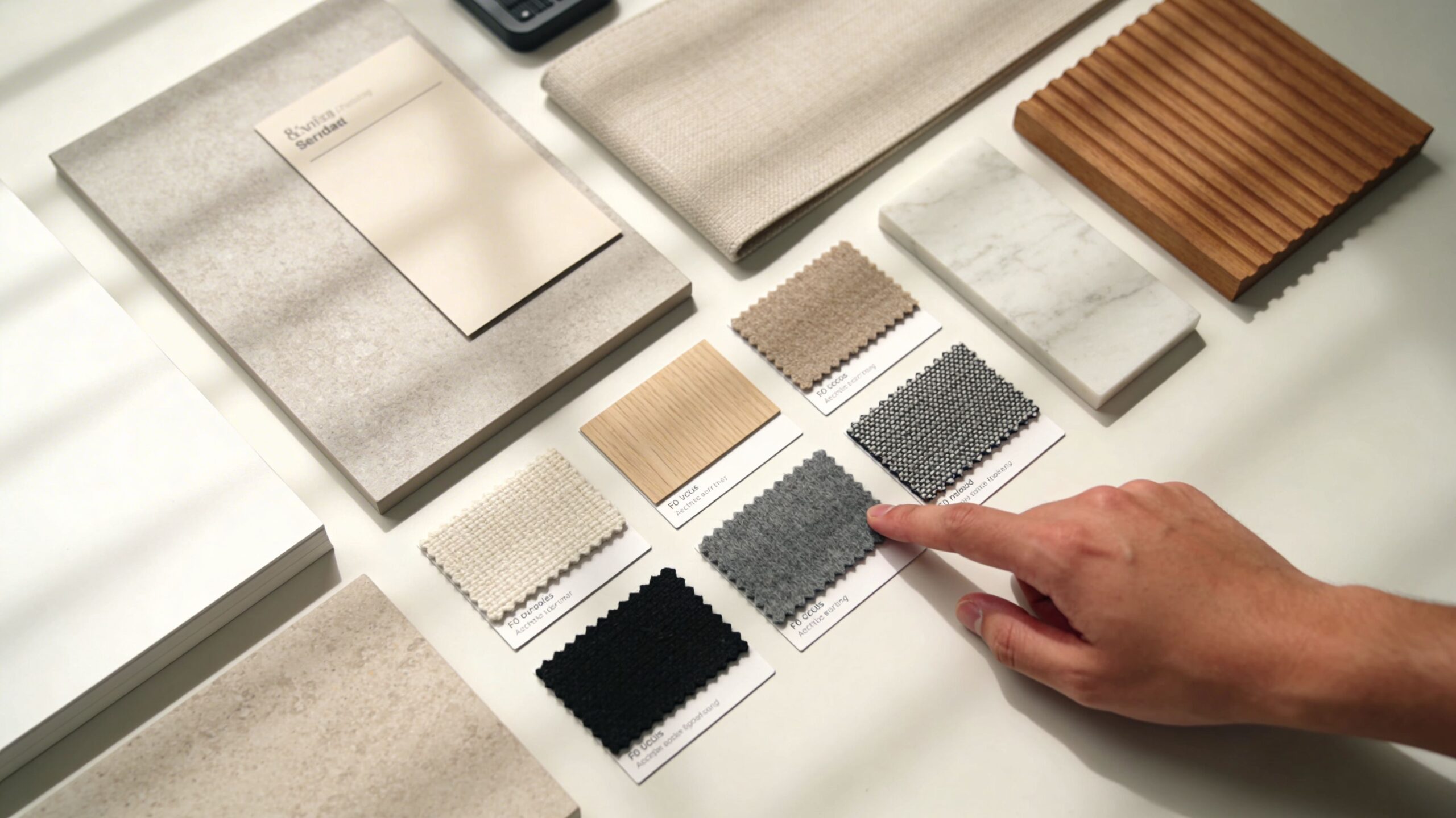 Eine Hand berührt eine Auswahl an verschiedenen Stoff- und Materialmustern für die Innenarchitekturplanung auf einem hellen Tisch.