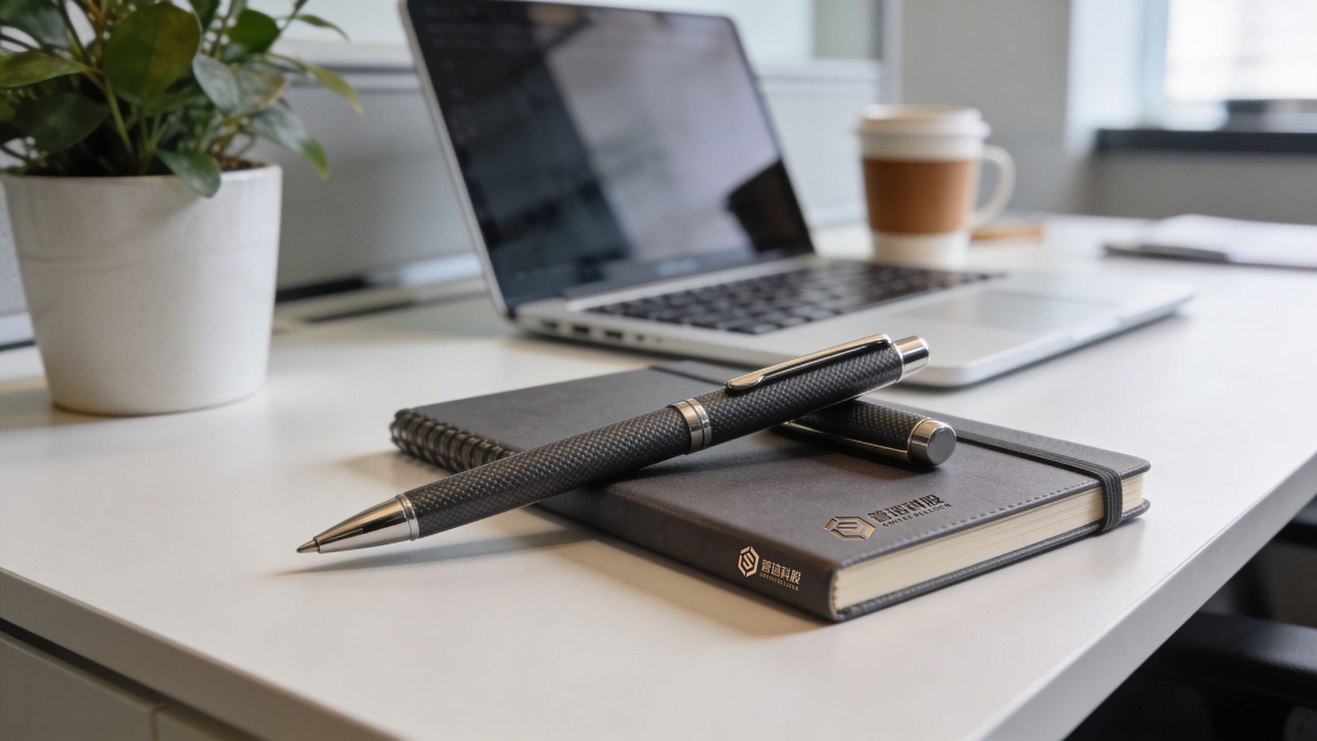 Ein eleganter Kugelschreiber liegt auf einem grauen Notizbuch auf einem modernen Schreibtisch mit Laptop und Pflanze.