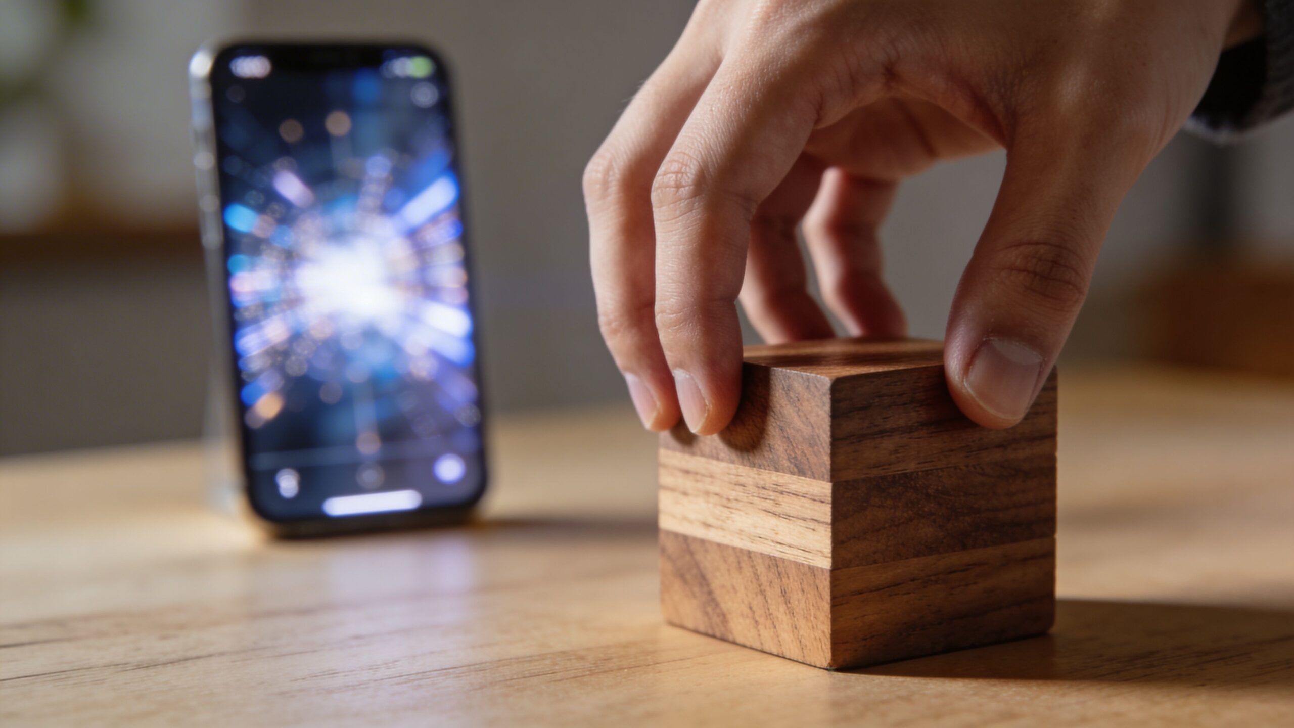 Eine Hand berührt einen hölzernen Würfel, während im Hintergrund ein Smartphone mit hellem Display steht.