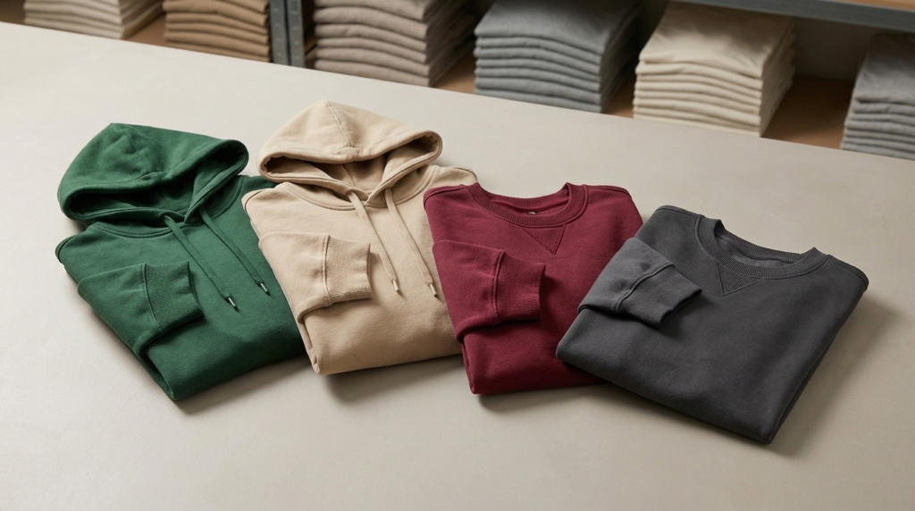 Gefaltete Hoodies und Sweatshirts in Grün, Sand, Burgunderrot und Anthrazit auf einem Lagertisch