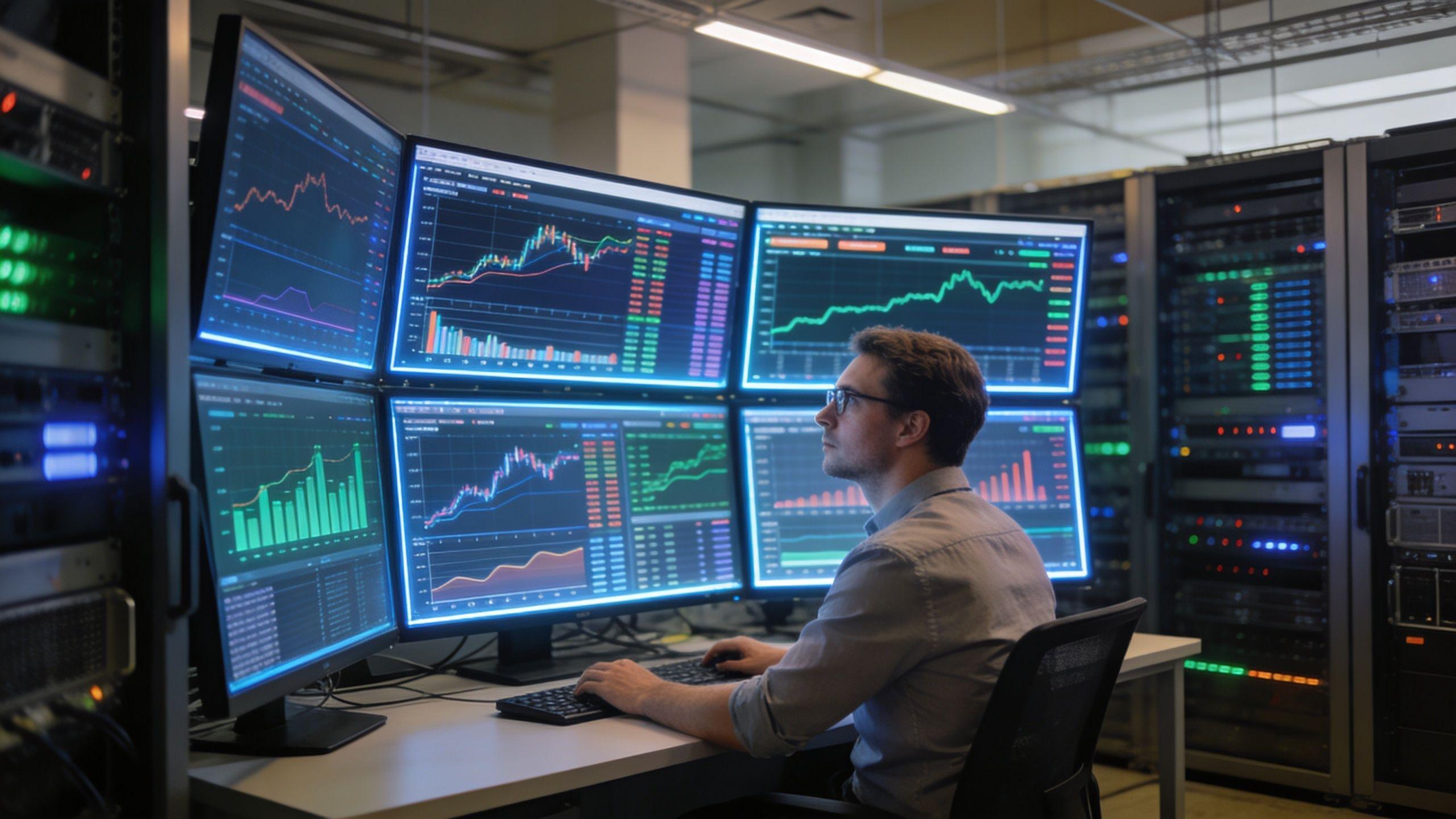 Ein Analyst arbeitet in einem Serverraum an mehreren Monitoren, die komplexe Finanzdaten und Börsenkurse in Echtzeit darstellen.