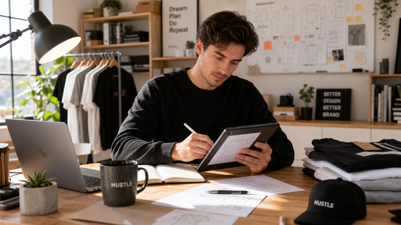 Ein junger Designer arbeitet an einem digitalen Tablet an T-Shirt Entwürfen in seinem modernen, kreativen Büro.