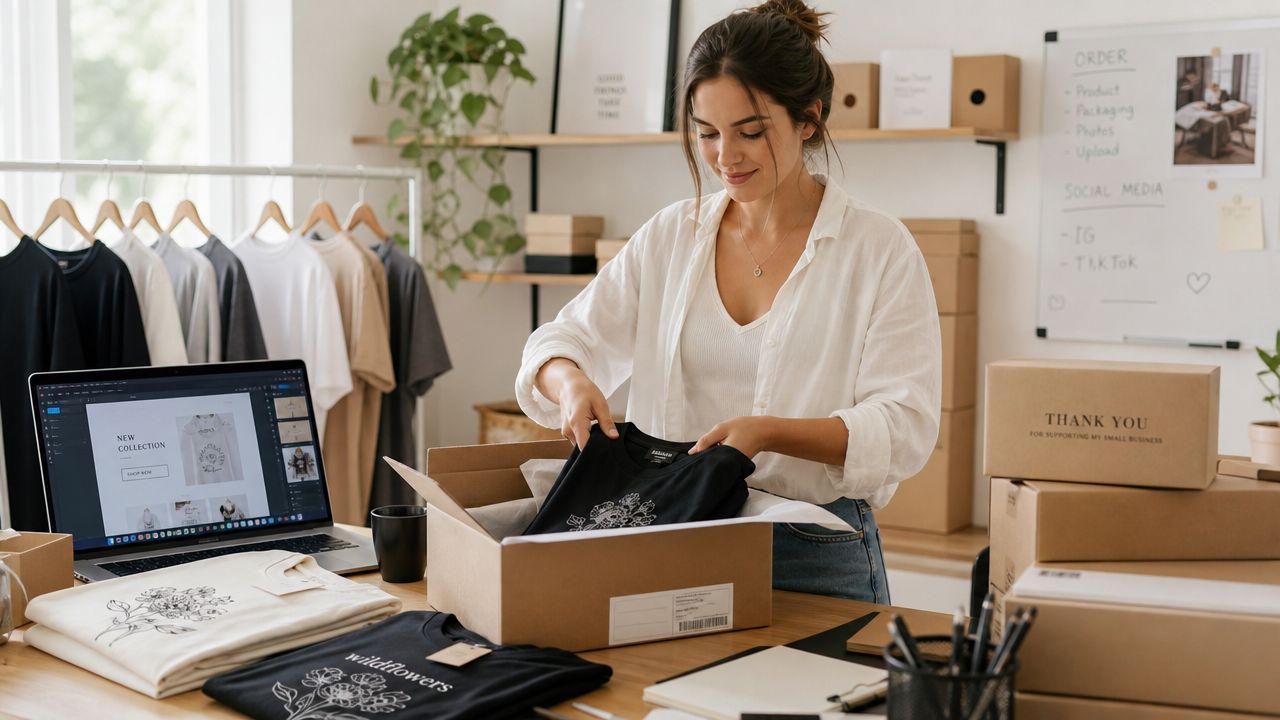 Eine junge Unternehmerin verpackt ein bedrucktes T-Shirt liebevoll in einem Karton für den Versand an ihre Kunden.