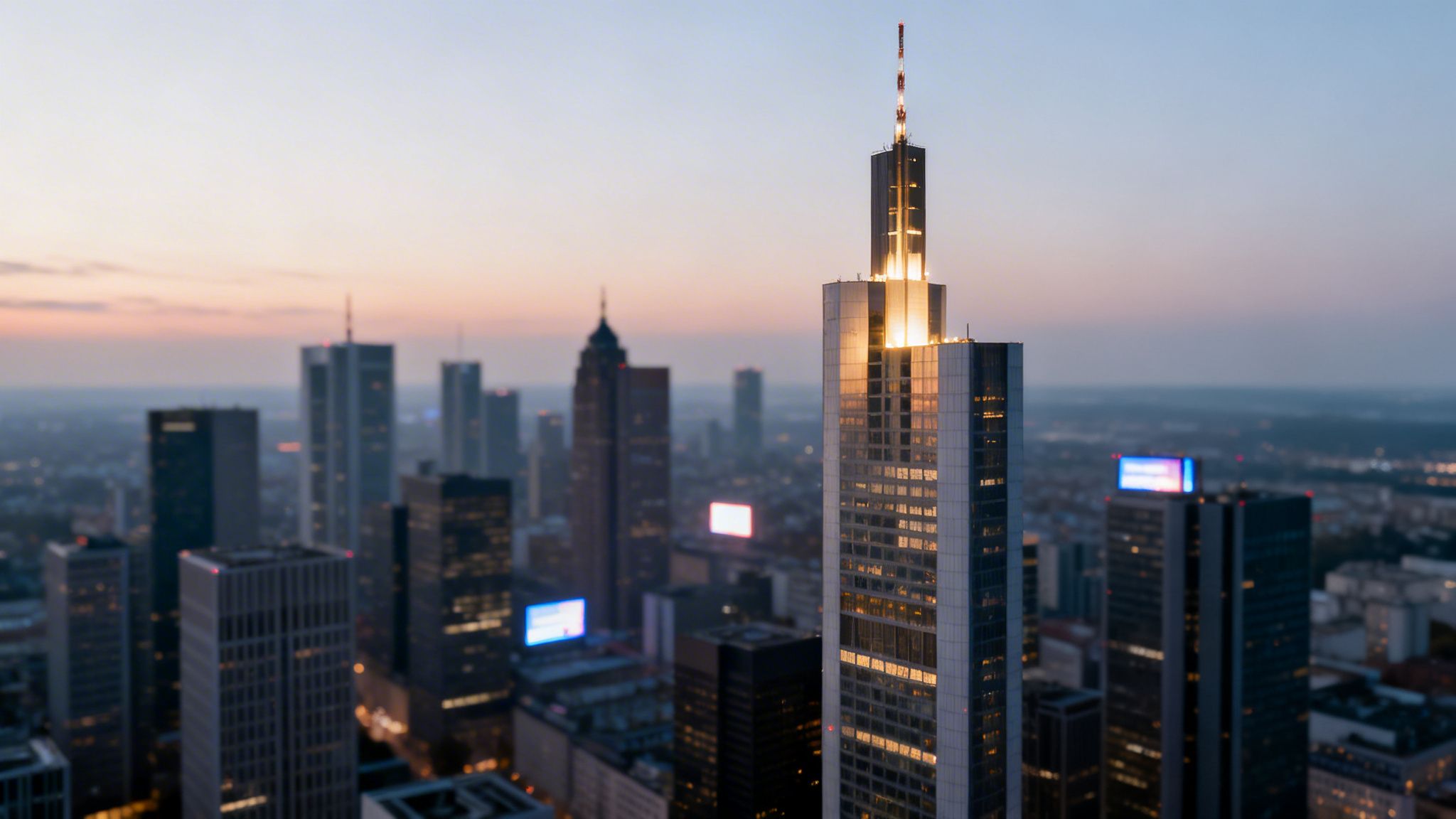 Panoramablick auf die beleuchtete Frankfurter Skyline bei Abenddämmerung, mit imposantem Hochhaus im Vordergrund.