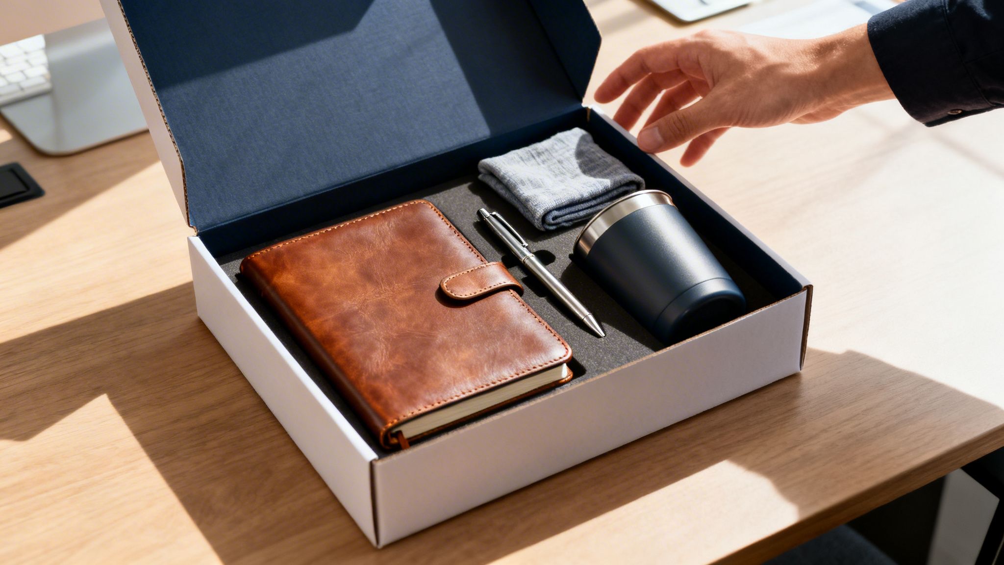 Geschenkbox mit braunem Notizbuch, Stift, Tuch und blauem Thermobecher auf einem Schreibtisch.
