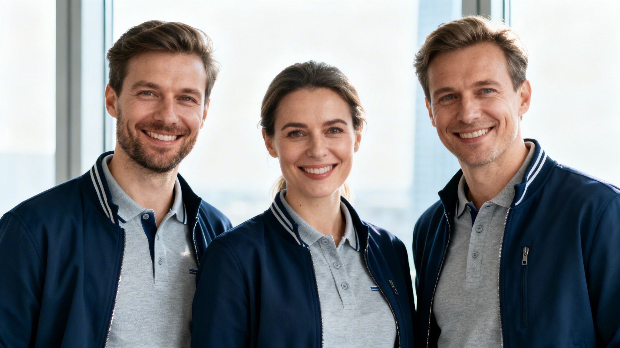 Drei lächelnde Kollegen in passenden Uniformen, bestehend aus blauen Jacken und grauen Poloshirts, schauen in die Kamera.