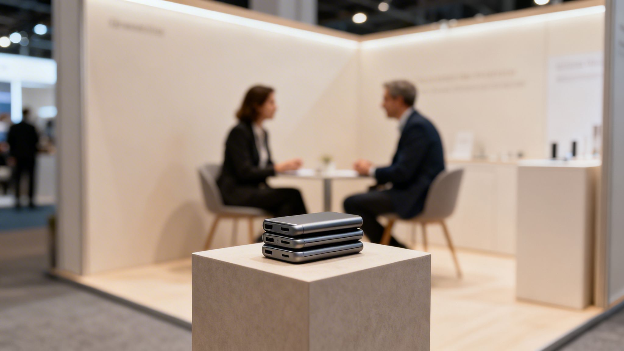 Drei gestapelte silberne tragbare Geräte auf einem Podest, mit zwei Personen bei einem Geschäftstreffen im Hintergrund.