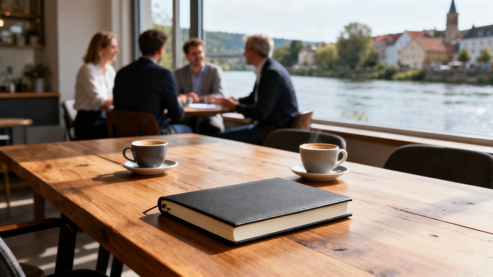 Zwei Kaffeetassen und ein Notizbuch auf Holztisch in einem Café am Fluss.