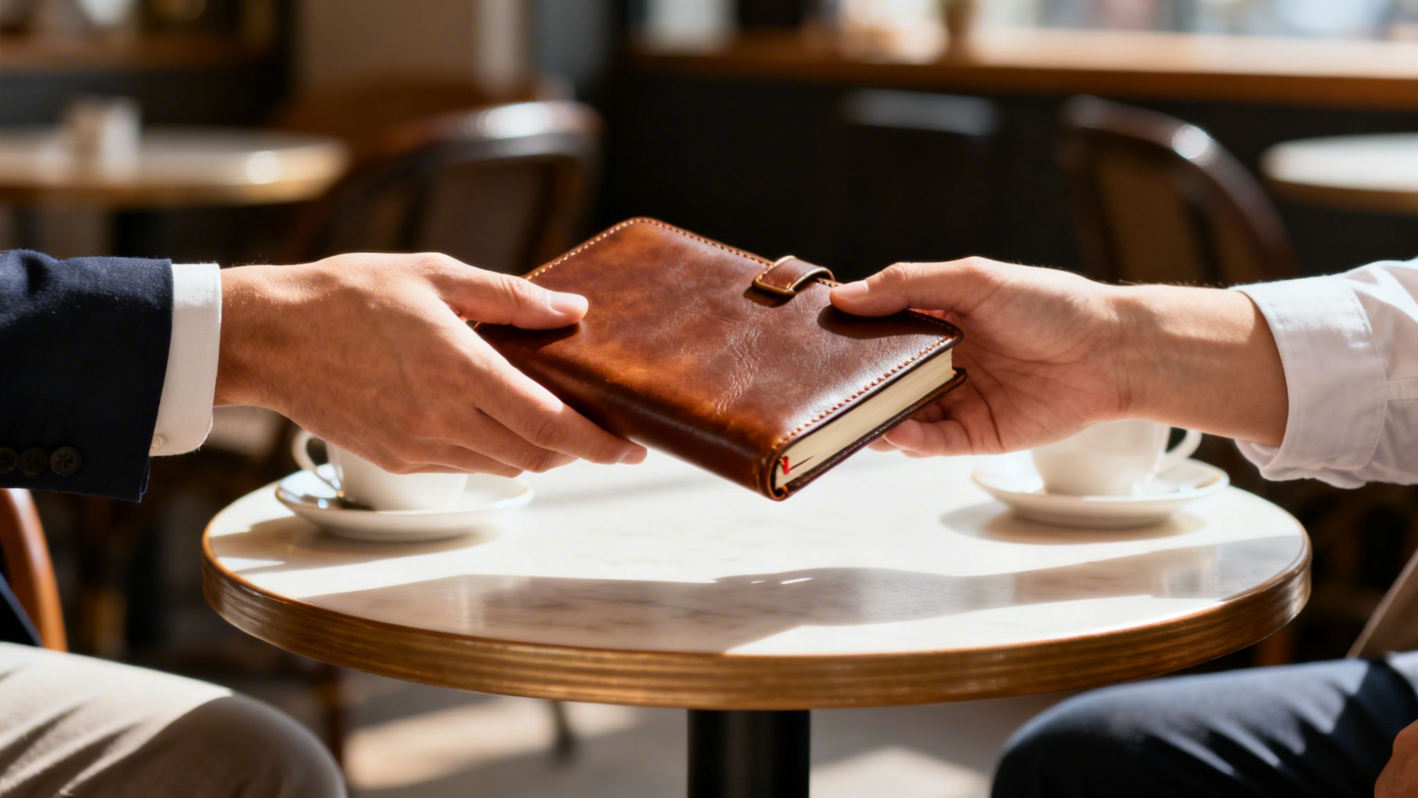 Zwei Männer tauschen in einem Café ein braunes Notizbuch über einem Tisch aus.