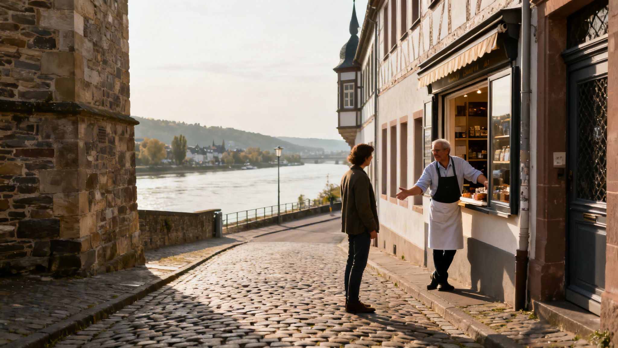 Zwei Männer unterhalten sich vor einem Laden in einer malerischen Altstadt am Fluss.