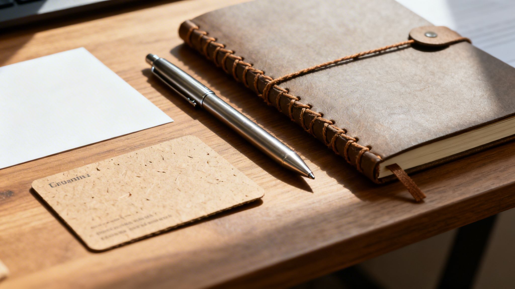 Nahaufnahme eines Holzschreibtisches mit braunem Notizbuch, silbernem Stift und Visitenkarte im Sonnenlicht.