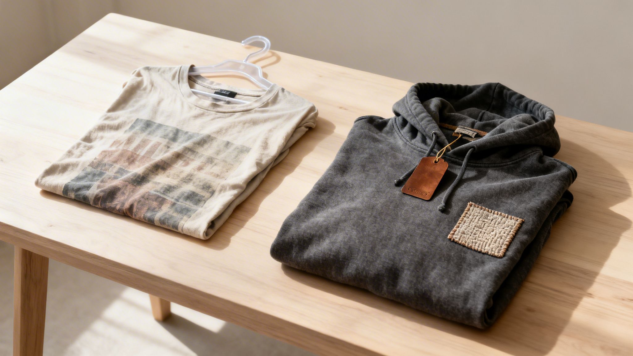 Zwei gefaltete Kleidungsstücke auf einem Holztisch: ein helles T-Shirt und ein dunkler Kapuzenpullover.