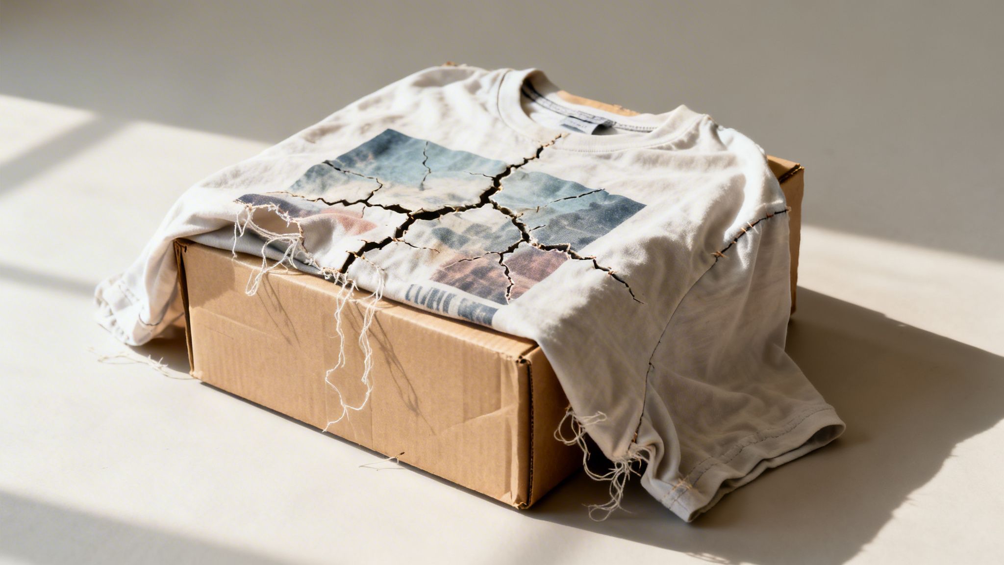Ein zerrissenes weißes T-Shirt mit rissigem Grafikdruck liegt auf einem braunen Karton im Sonnenlicht.
