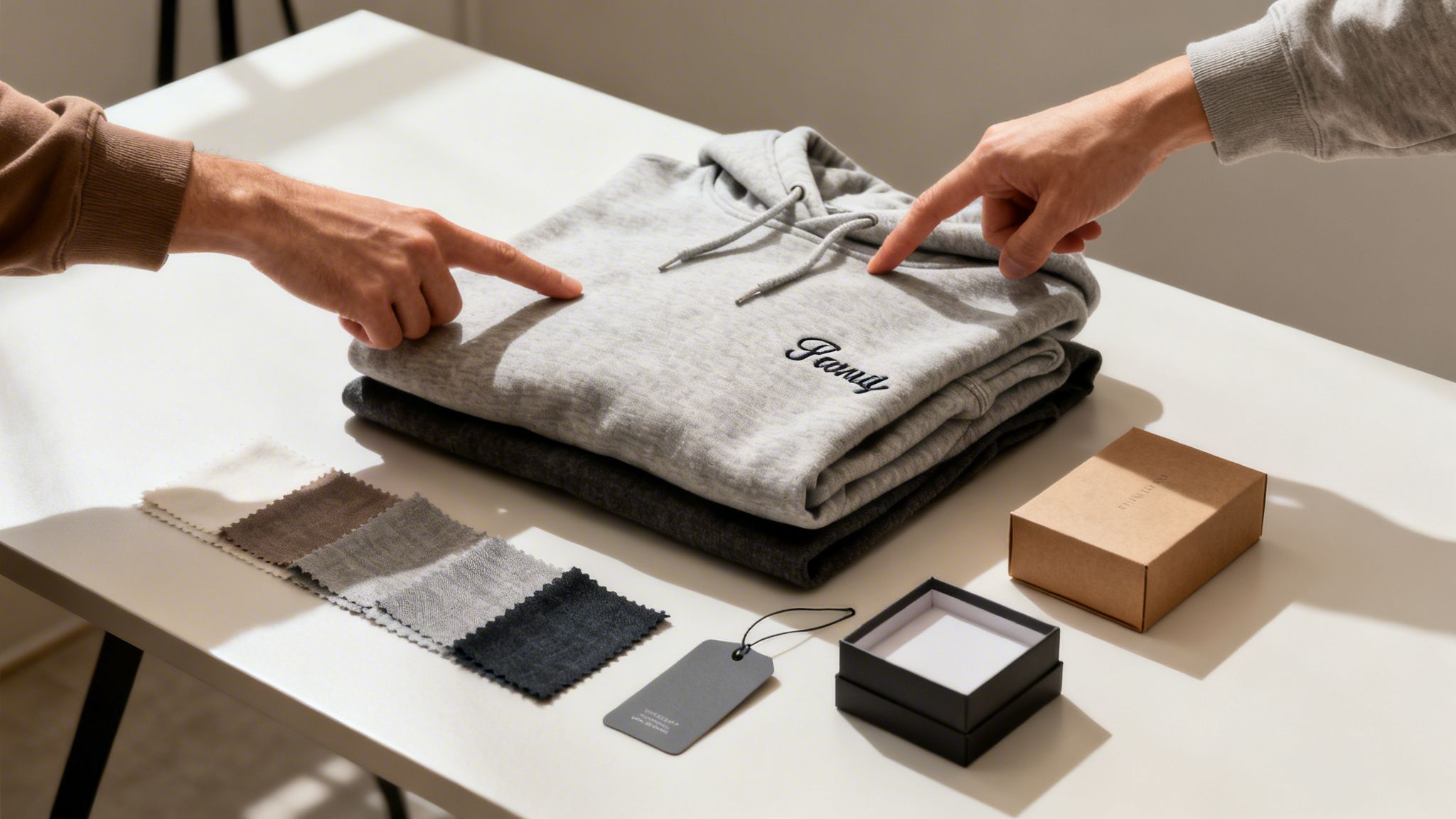 Zwei Hände zeigen auf gefaltete Hoodies mit "Prana"-Logo, Stoffmustern und Verpackung auf einem Tisch.