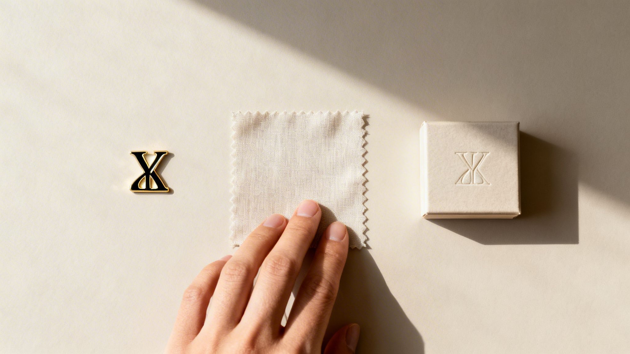 Goldener X-förmiger Pin, Stoffprobe und kleine Schachtel mit geprägtem Logo auf hellem Hintergrund, von einer Hand berührt.