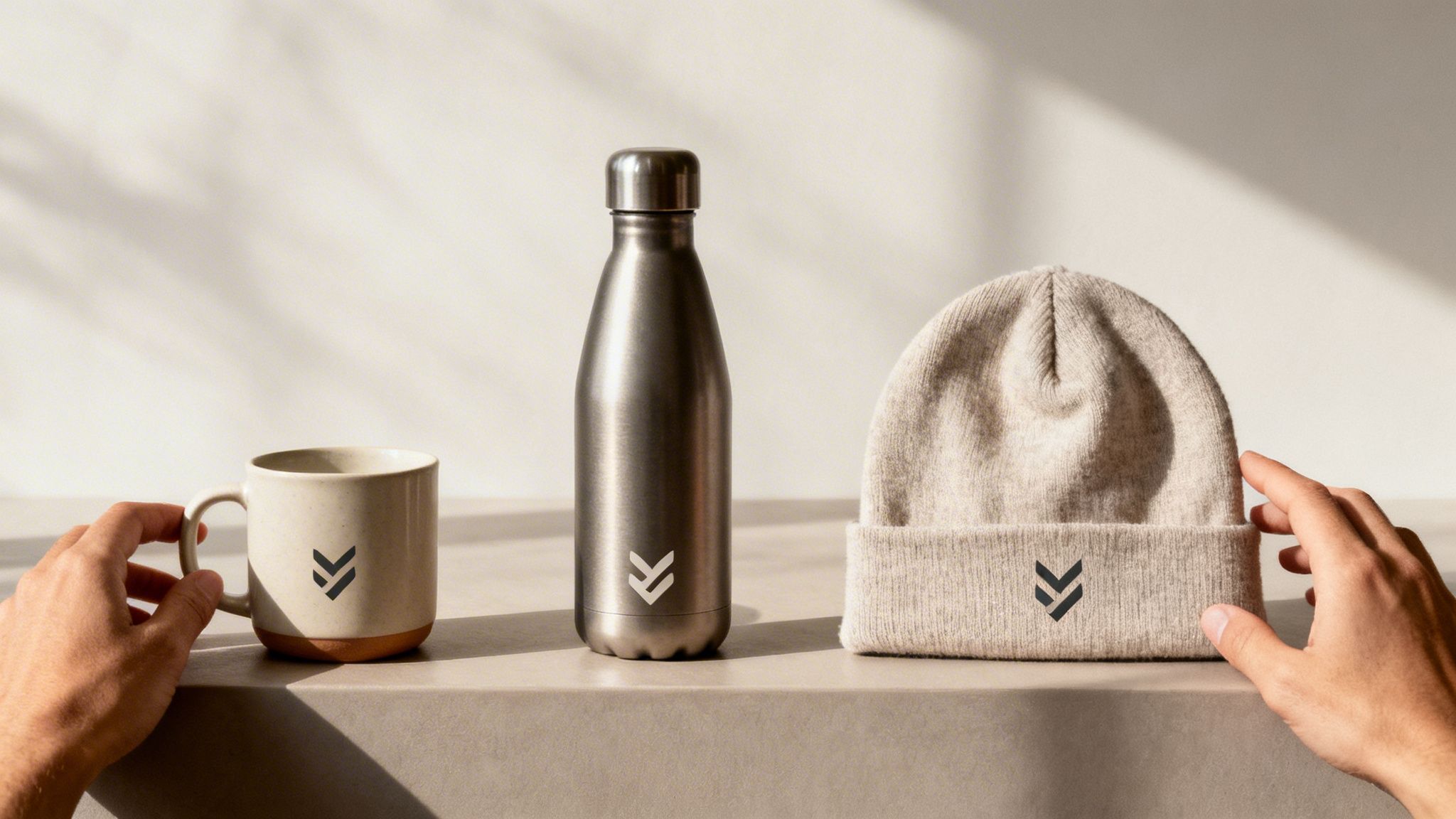 Beige Tasse, Edelstahlflasche und Strickmütze mit V-förmigem Logo auf einer grauen Oberfläche, von Händen berührt.