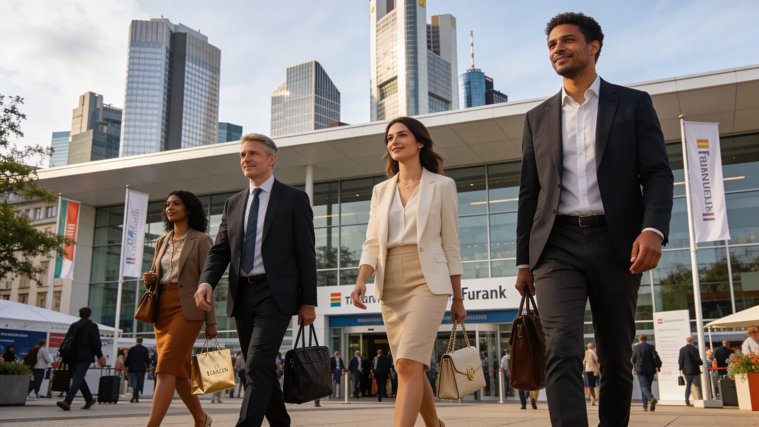 Eine Gruppe geschäftlich gekleideter Menschen geht selbstbewusst vor einem modernen Bürogebäude in Frankfurt am Main spazieren.