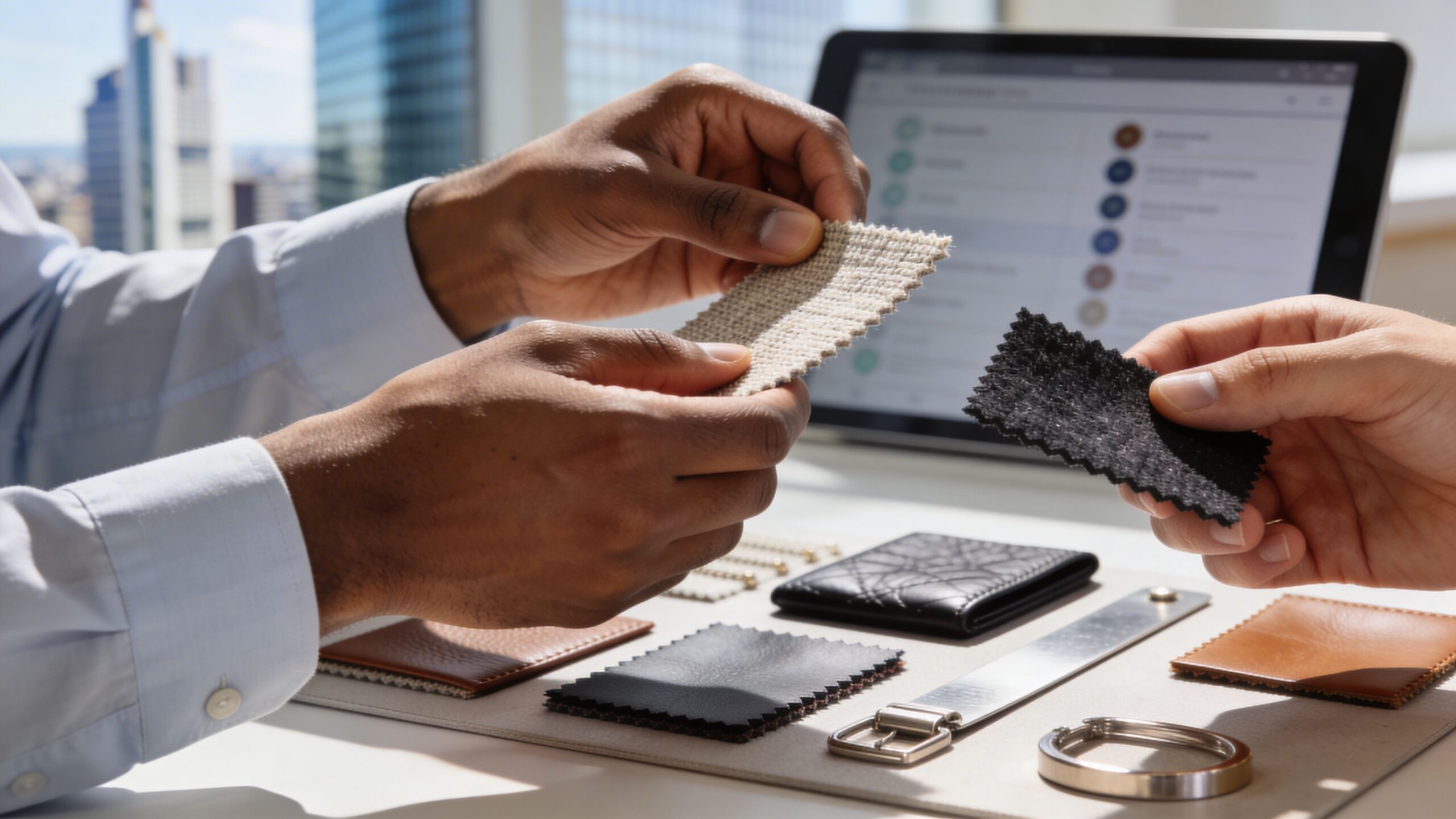 Zwei Personen vergleichen Stoffmuster für das Merchandising in einem modernen Büro mit Blick auf die Frankfurter Skyline.