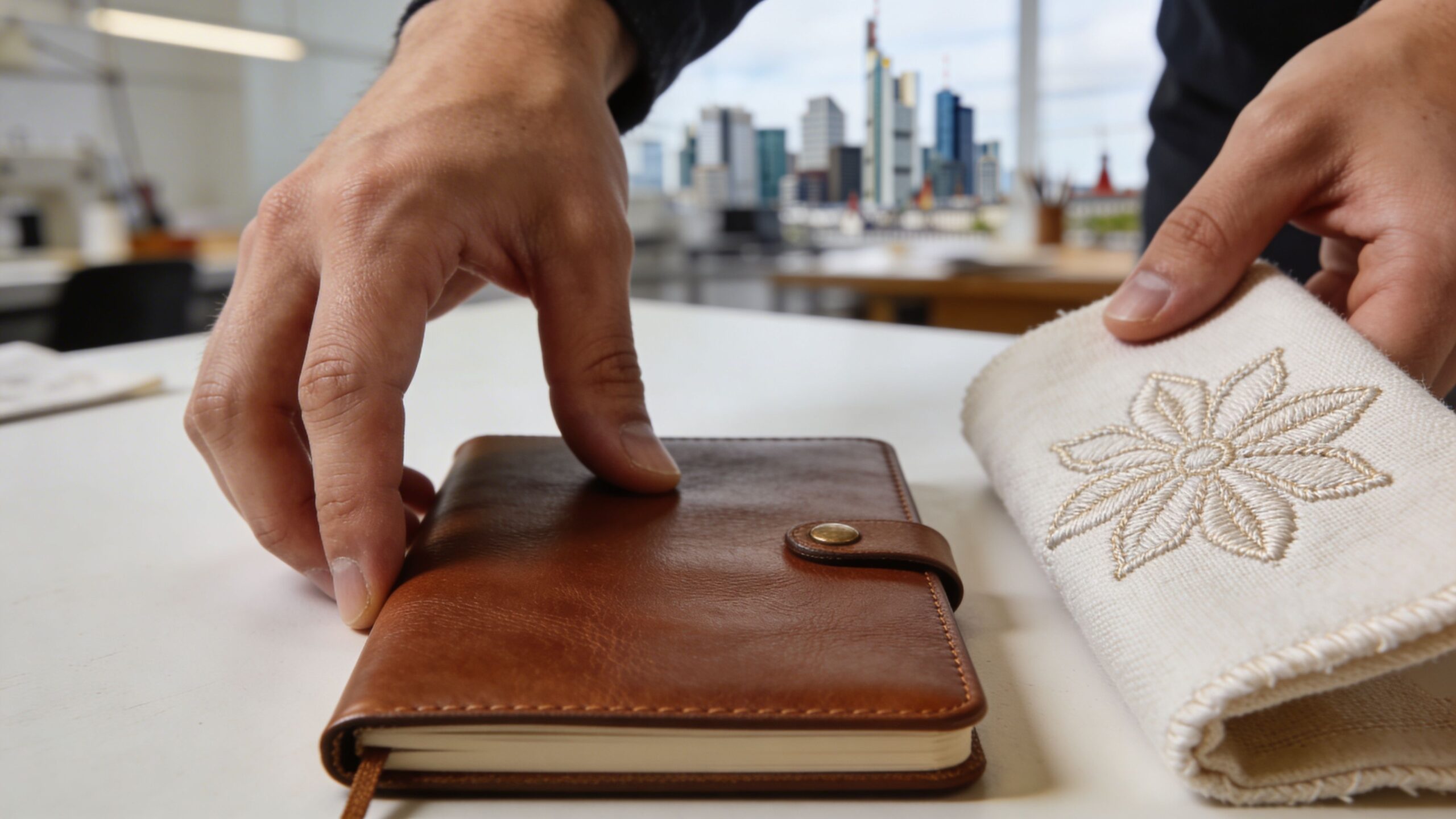 Eine Hand hält ein braunes Leder-Notizbuch neben einem bestickten Stofftuch vor einer Frankfurter Skyline im Hintergrund.