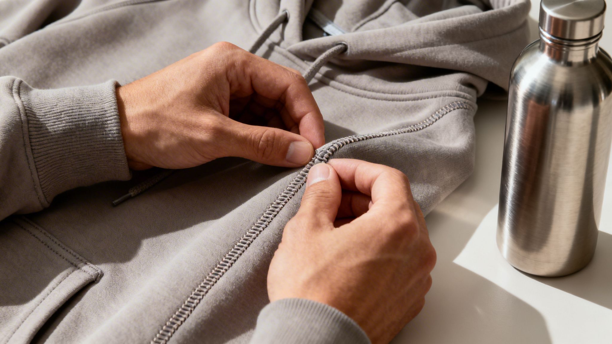 Hände justieren den Kordelzug eines grauen Hoodies. Eine silberne Wasserflasche steht daneben auf weißem Untergrund.