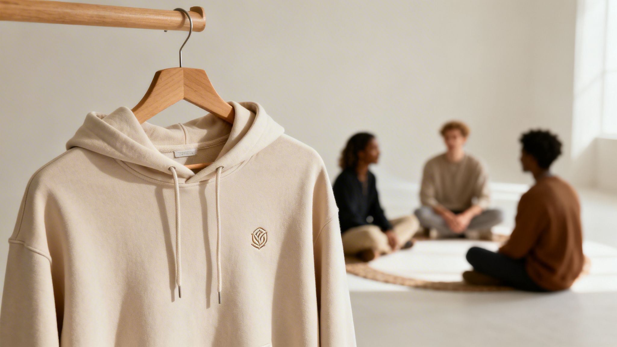 Beiger Hoodie mit goldfarbenem Logo hängt an Holzbügel, im unscharfen Hintergrund sitzen Menschen auf einem Teppich.