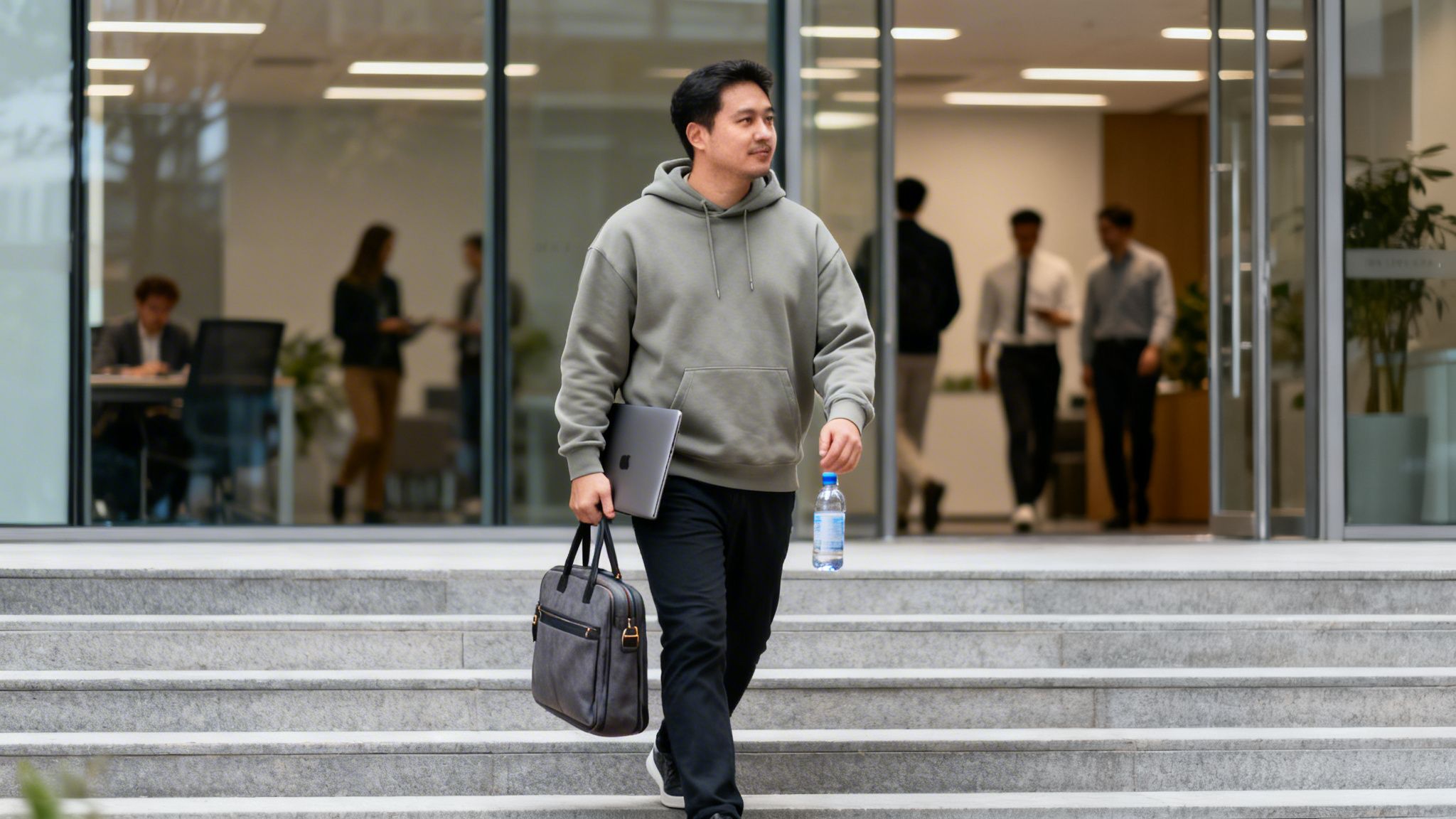 Mann in Kapuzenpullover geht Treppe hinunter, hält Laptop und Tasche vor einem modernen Bürogebäude.