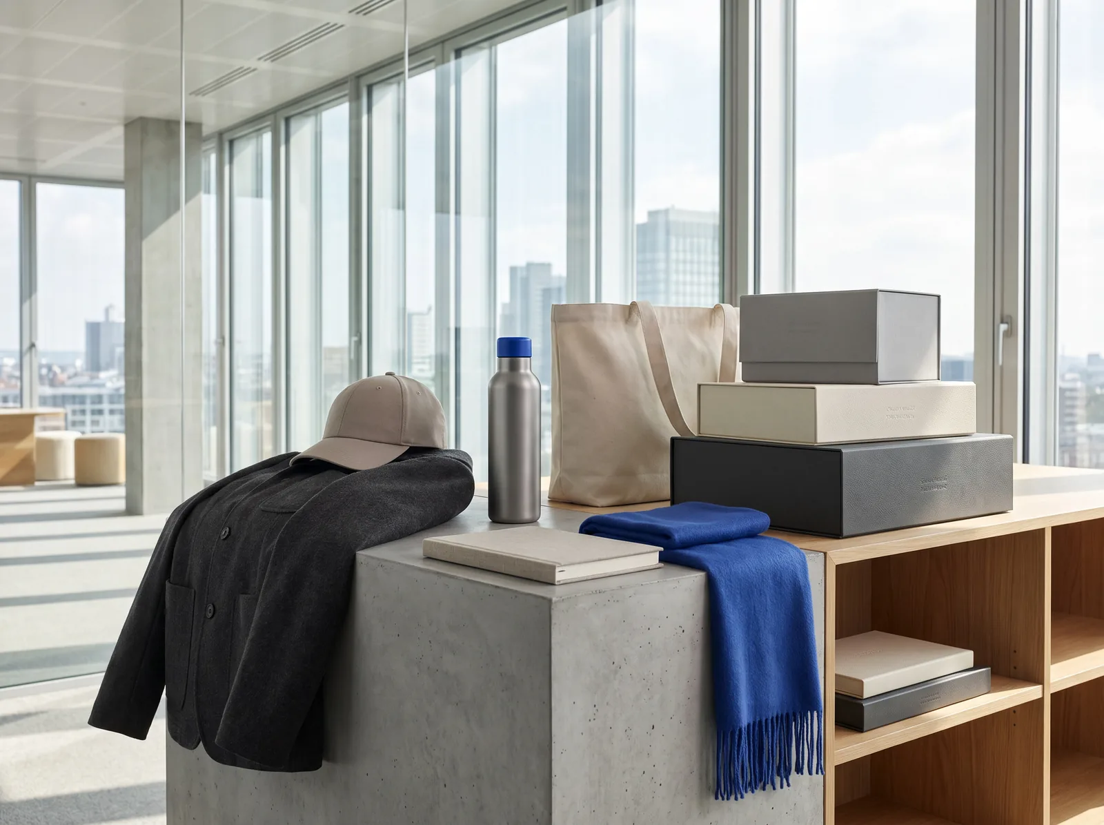 Corporate-Merch-Kollektion mit Textilien, Cap, Trinkflasche und Notizbuch