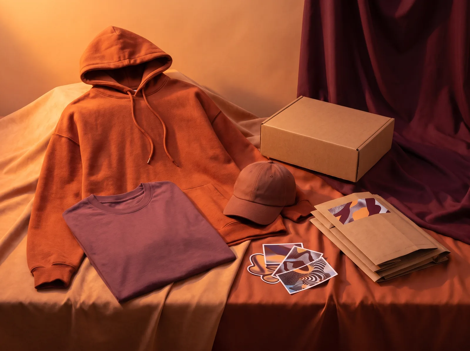 Creator-Merch-Drop mit Hoodie, T-Shirt, Cap und Verpackung