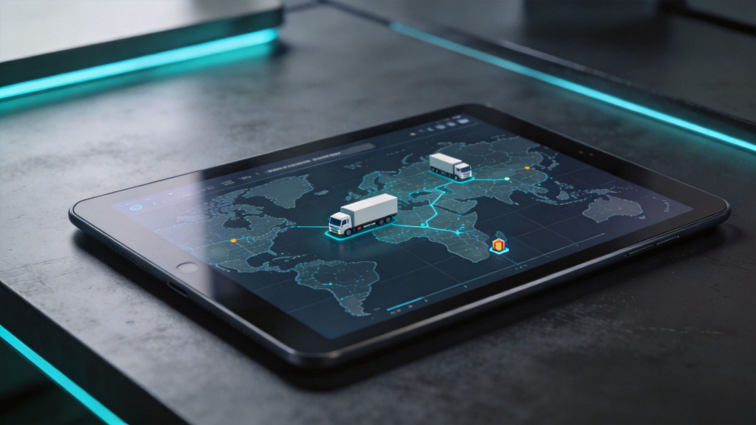 Ein Tablet zeigt eine Weltkarte mit Lastwagen-Symbolen für digitale Logistik und globale Versandplanung auf einem Schreibtisch.