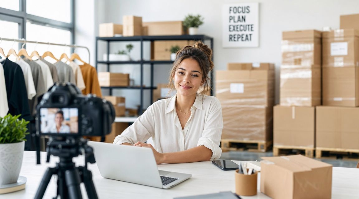 Eine lächelnde Unternehmerin arbeitet an ihrem Laptop in einem Lager mit vielen Versandkartons für ihren E-Commerce-Shop.