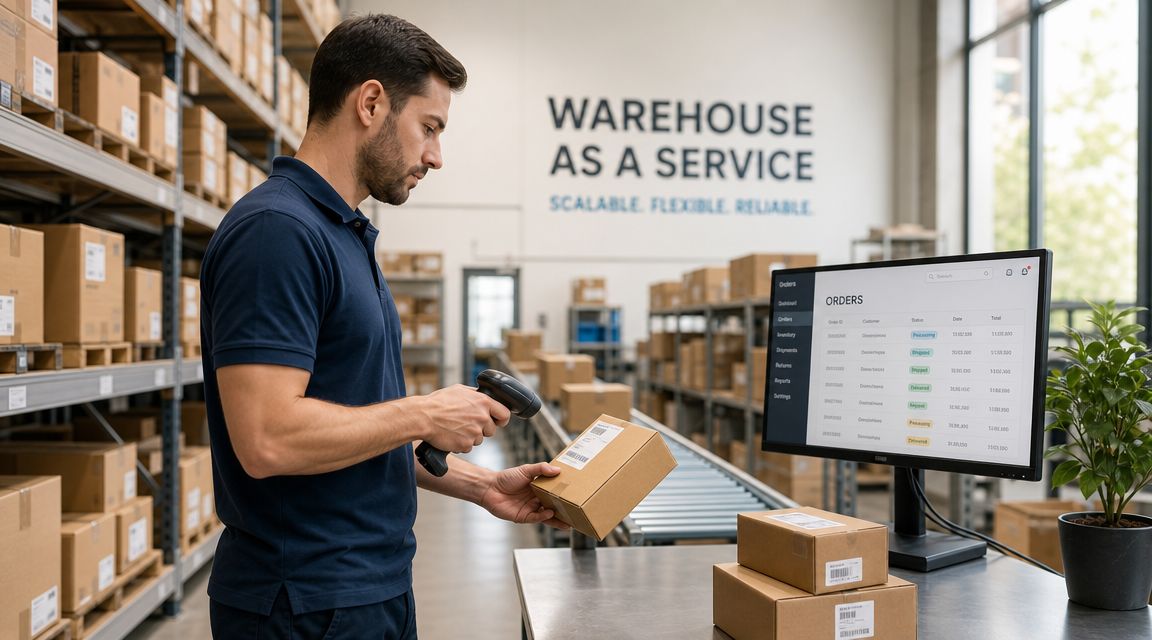 Ein Lagerarbeiter scannt ein Paket in einem modernen Warenhaus mit digitaler Bestandsverwaltung für E-Commerce-Aufträge.