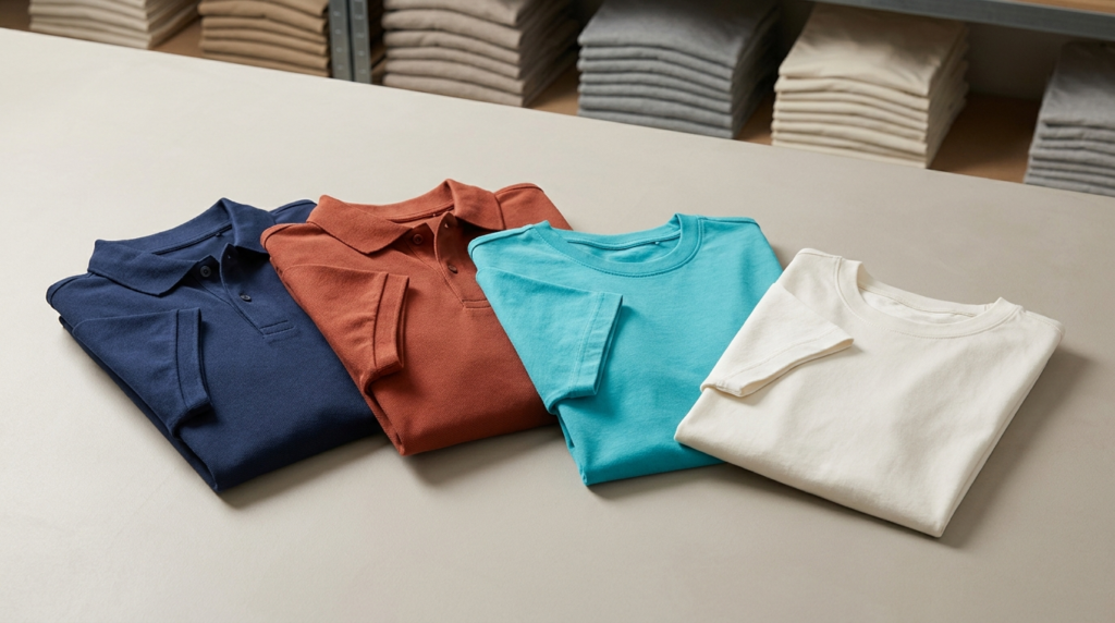 Gefaltete Poloshirts und T-Shirts in Blau, Terrakotta, Türkis und Weiß auf einem Lagertisch