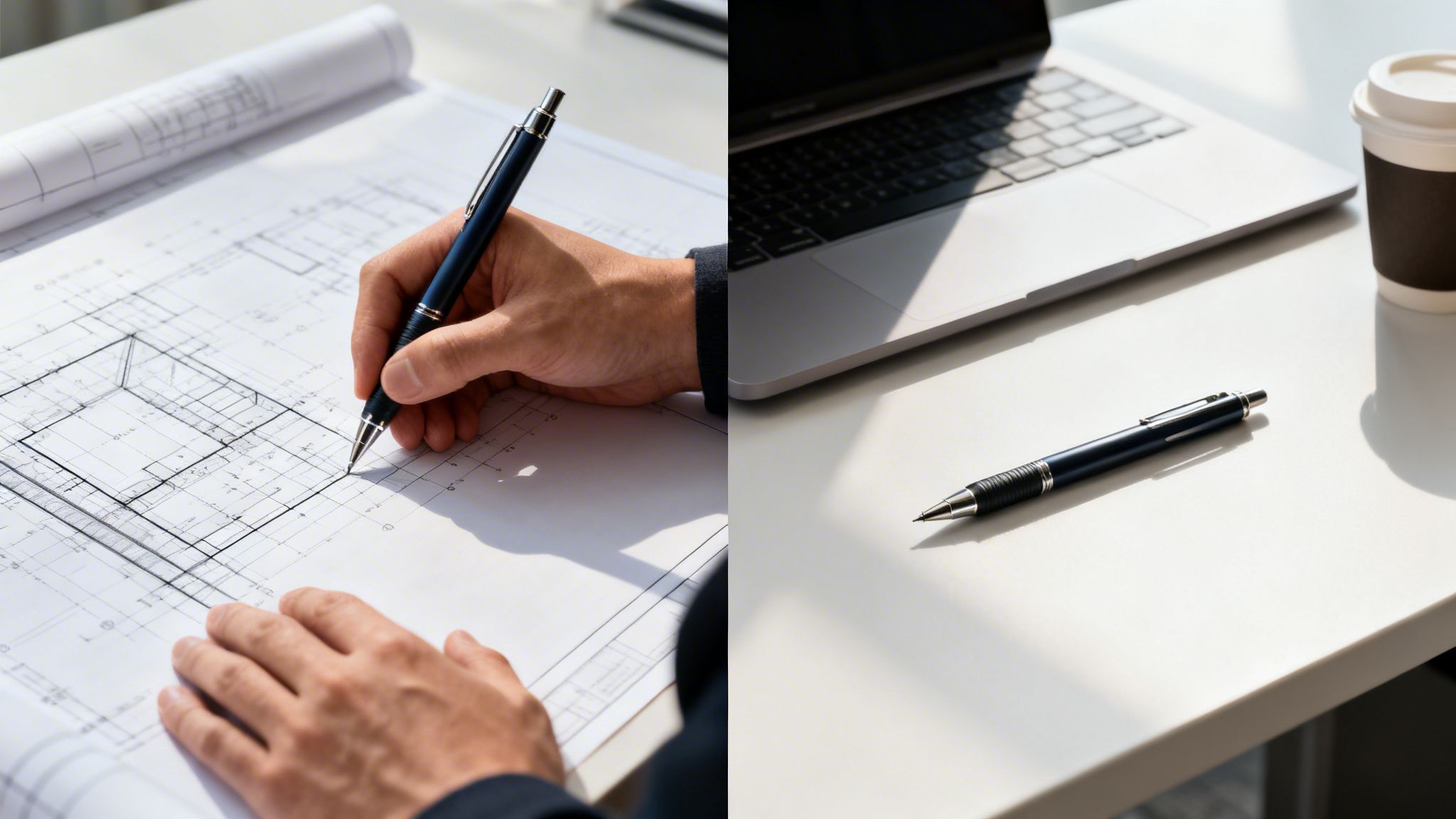 Eine Hand zeichnet Baupläne, daneben ein Schreibtisch mit Laptop, Stift und Kaffeebecher.