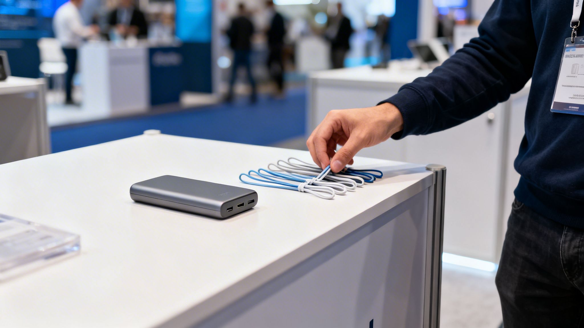 Hand nimmt blaues Ladekabel von einem Tisch mit Powerbank auf einer Messe.