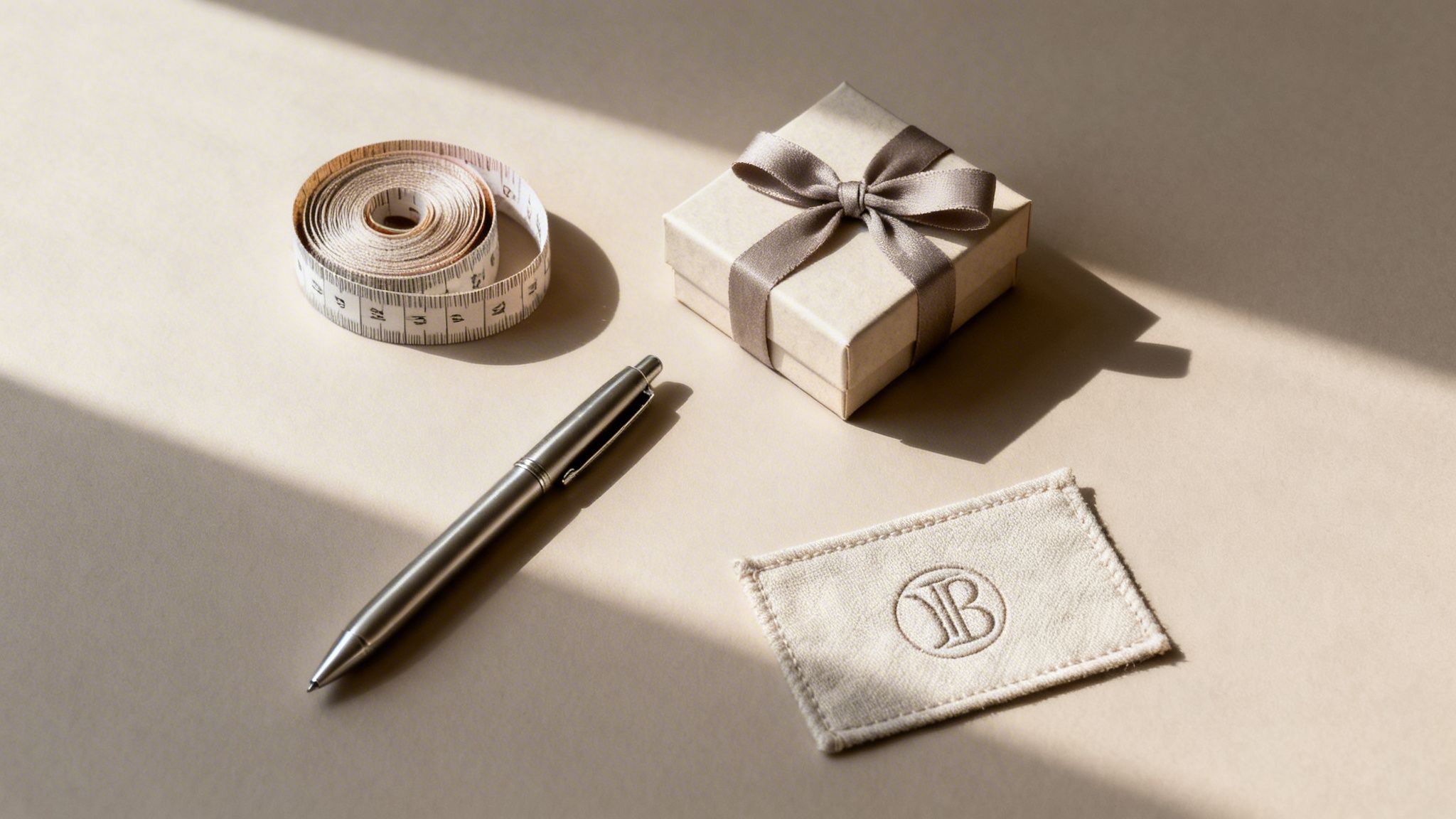 Geschenkbox, Stift, Maßband und Stoffpatch mit Logo auf beigem Tisch im Sonnenlicht.