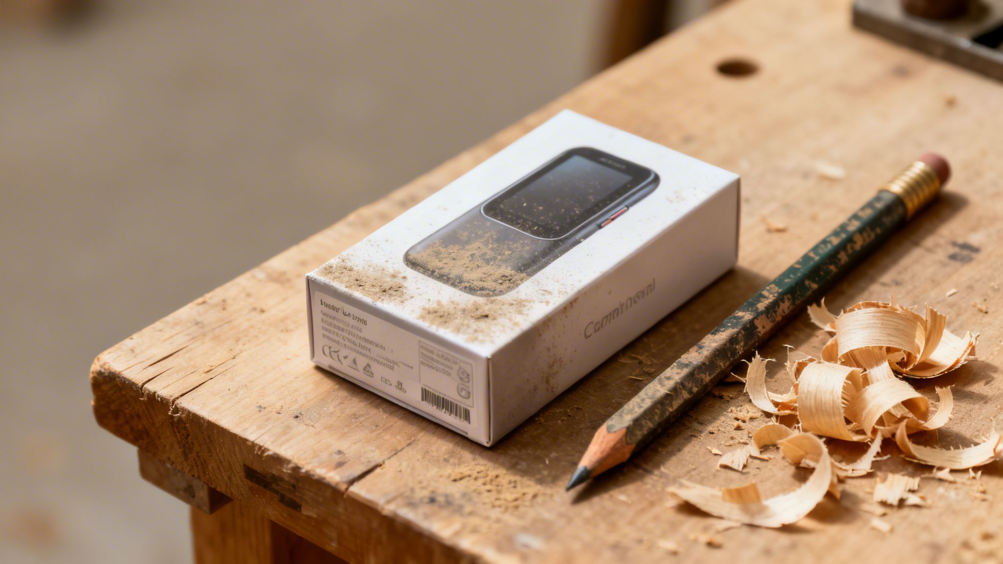 Weiße Produktbox mit kleinem Gerät, Bleistift und Holzspänen auf einer schmutzigen Holzwerkbank.