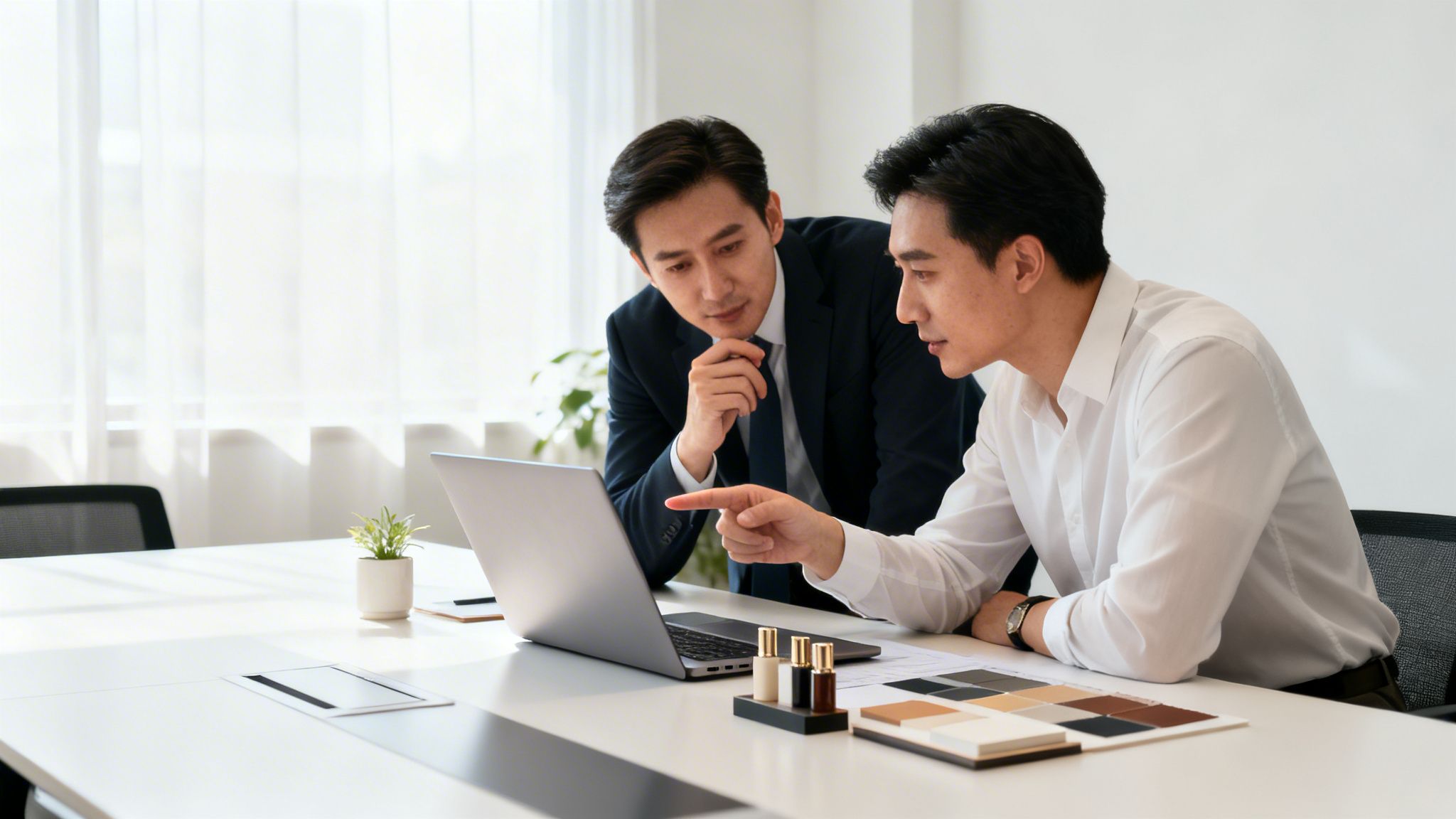 Zwei Geschäftsleute besprechen Produktdesigns oder Farbpaletten am Laptop in einem hellen Büro.