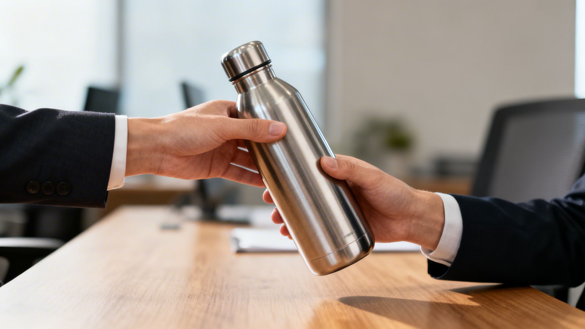 Zwei Hände reichen sich eine silberne Trinkflasche über einem Holztisch im Büro.