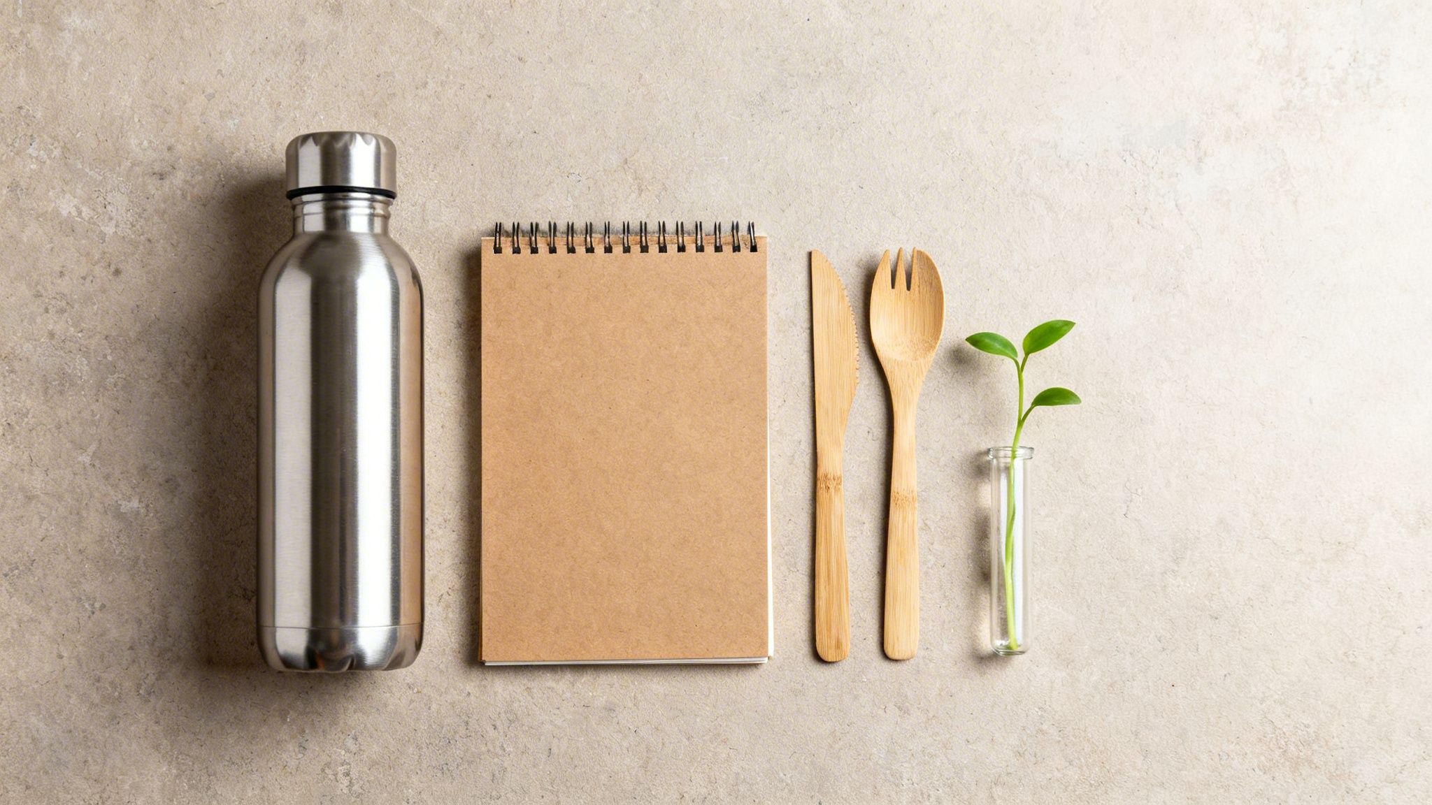 Nachhaltige Produkte: Edelstahl-Trinkflasche, Notizbuch, Holzbesteck und Pflanze auf hellem Hintergrund.
