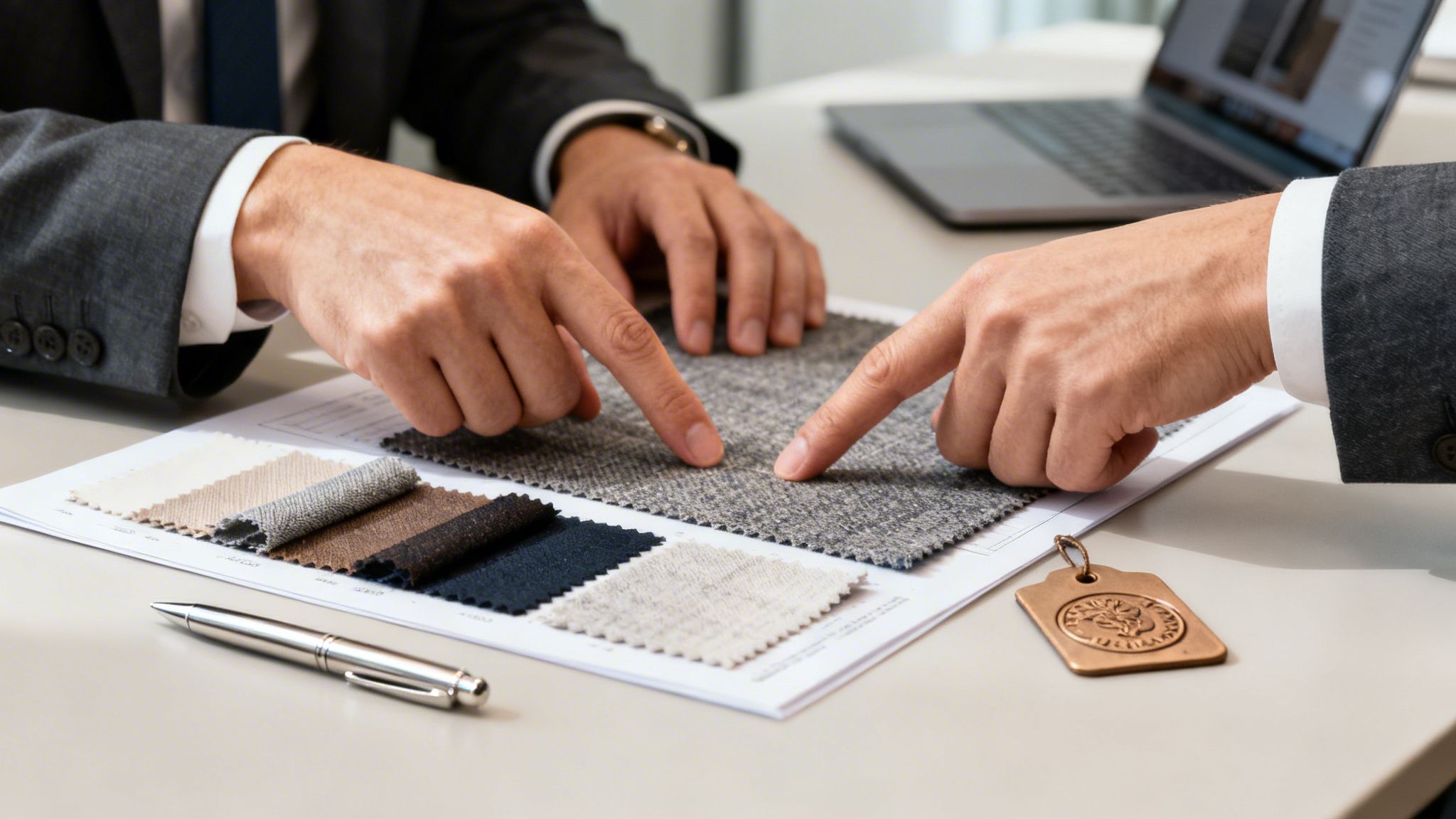Zwei Geschäftsleute wählen Anzugstoffe aus Stoffmustern aus. Beratungstermin für maßgeschneiderte Kleidung.