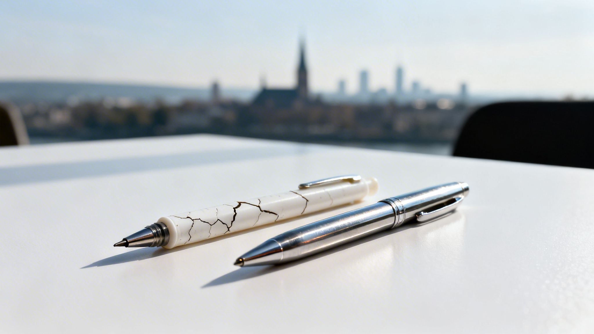 Zwei Stifte, einer weiß mit Rissen und einer silber, auf einem weißen Tisch vor Stadtkulisse.