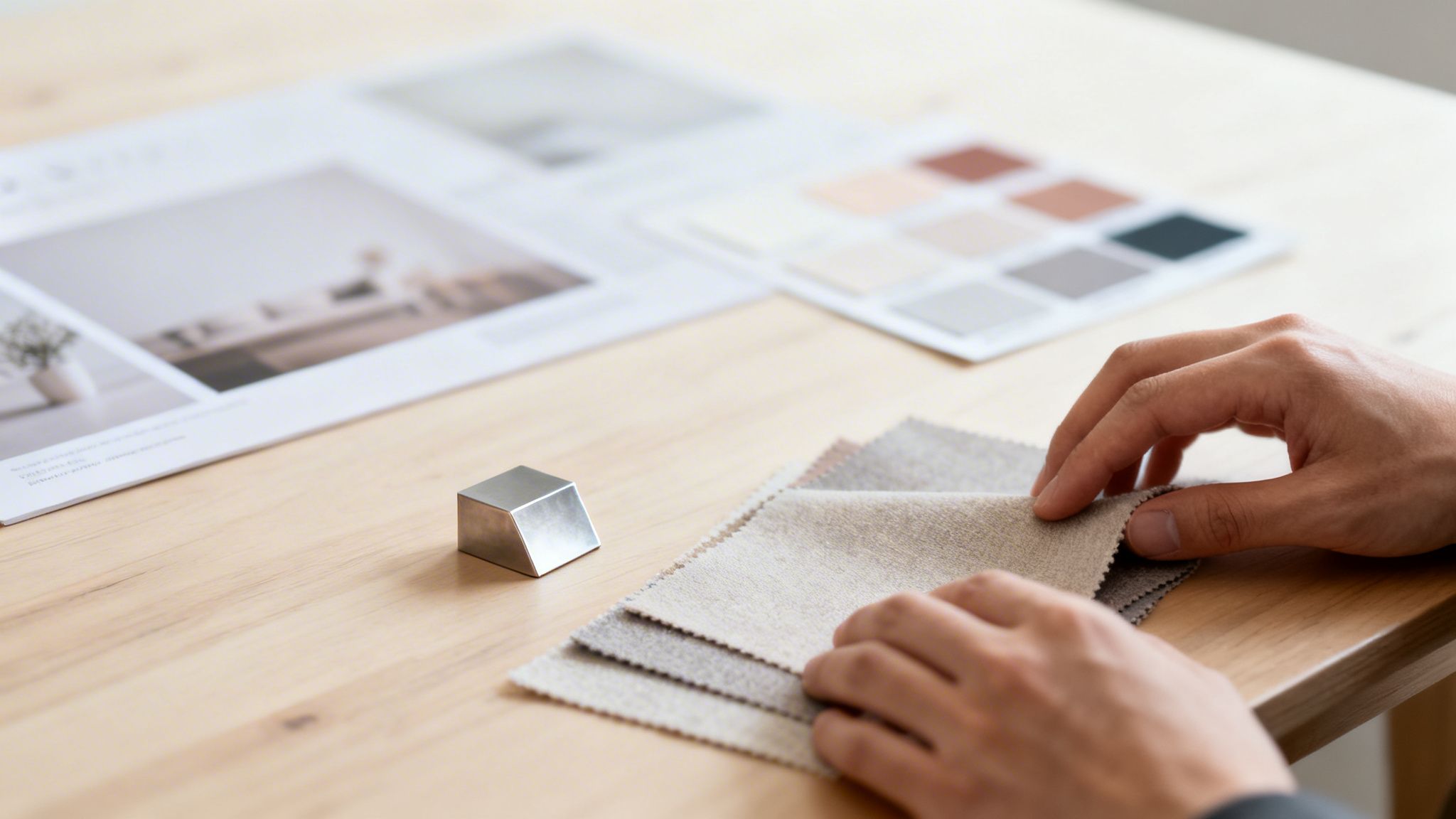 Hände wählen Stoffmuster für Innendesign. Eine Farbpalette und Broschüre sind im Hintergrund auf dem Holztisch.