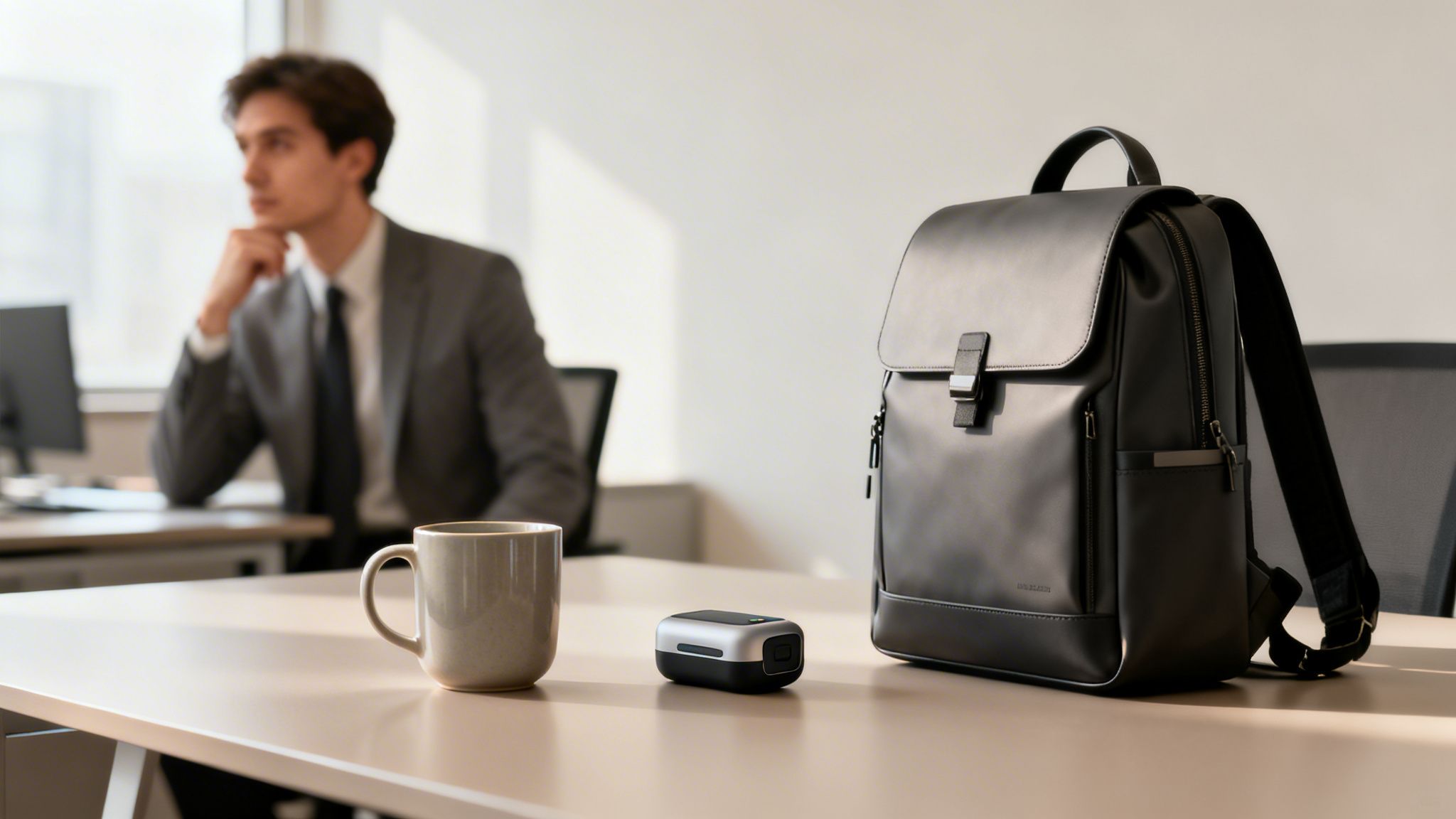 Ein eleganter schwarzer Rucksack, eine Tasse und ein kleines Gerät auf einem Schreibtisch im Büro.