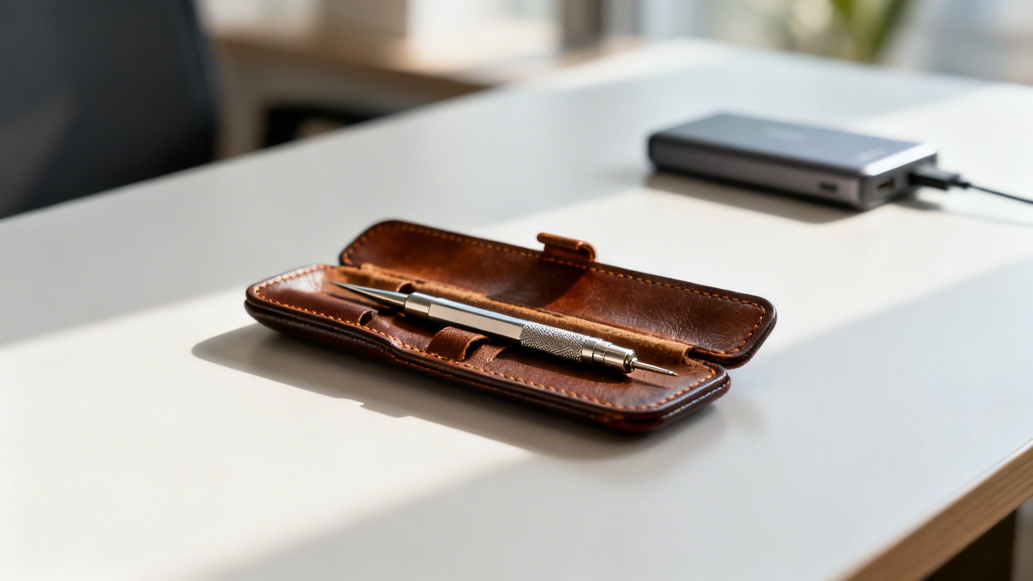 Braunes Lederetui mit silbernem Präzisionswerkzeug auf hellem Schreibtisch neben einer Powerbank.