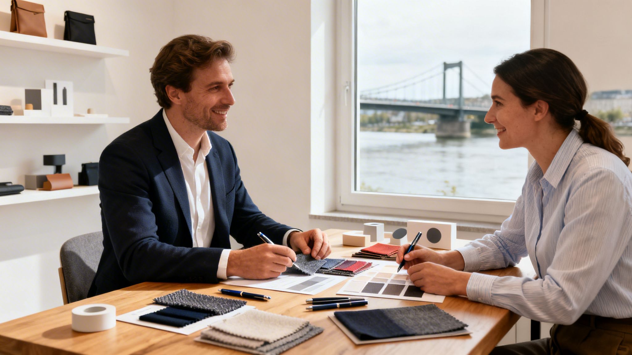 Ein Mann und eine Frau lächeln und besprechen Stoffmuster an einem Tisch mit Flussblick.
