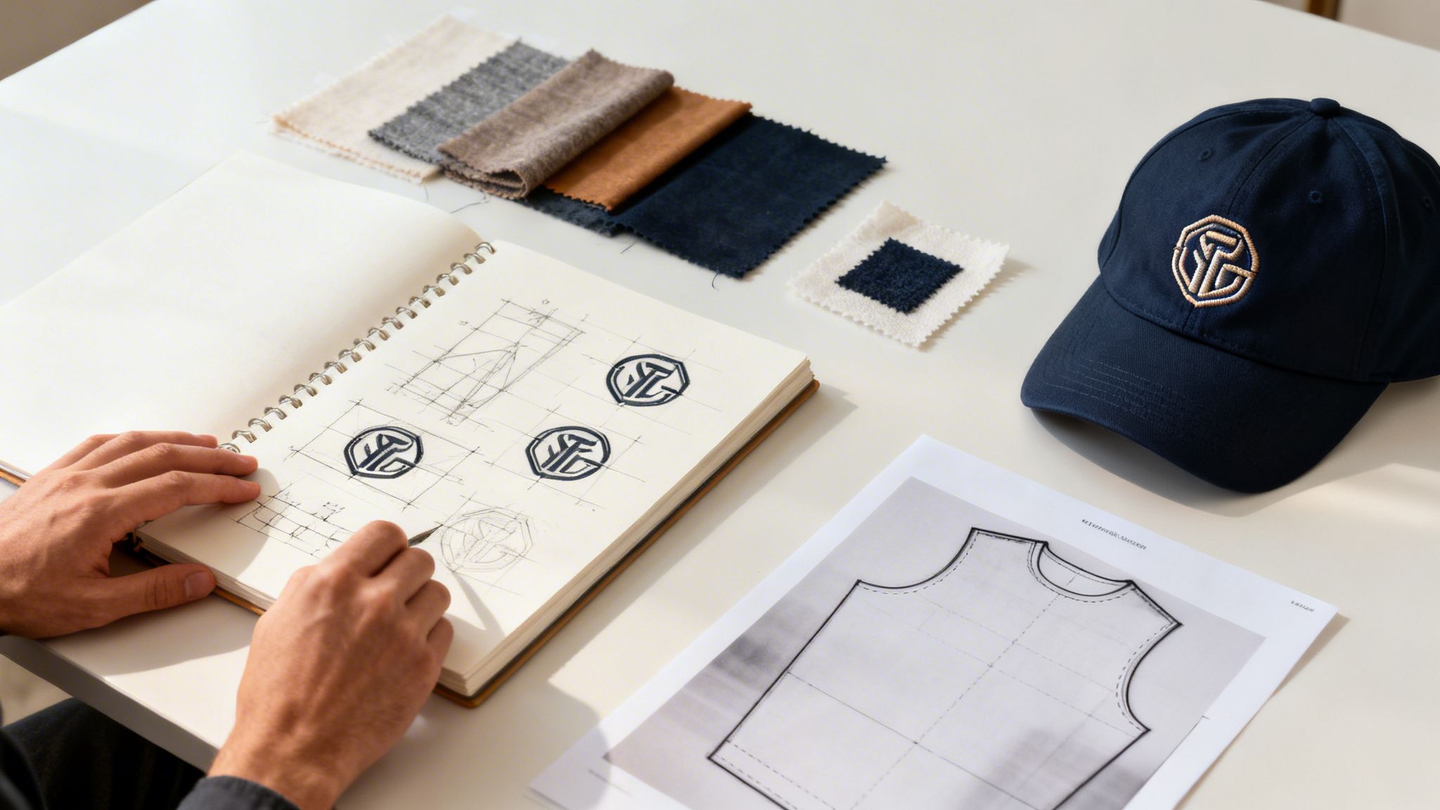 Eine Person entwirft Logos und Kleidung in einem Notizbuch, umgeben von Stoffmustern und einer bestickten Mütze.