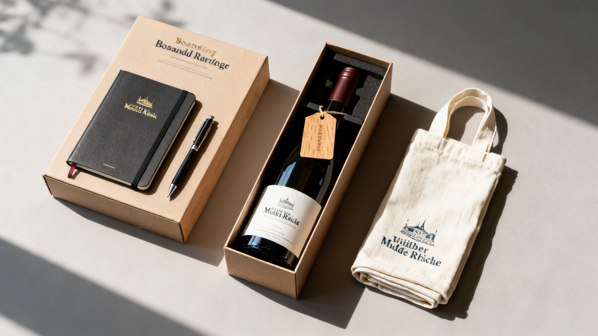 Ein Set von Werbeartikeln, bestehend aus Notizbuch, Stift, Weinflasche und Tragetasche, ansprechend präsentiert.