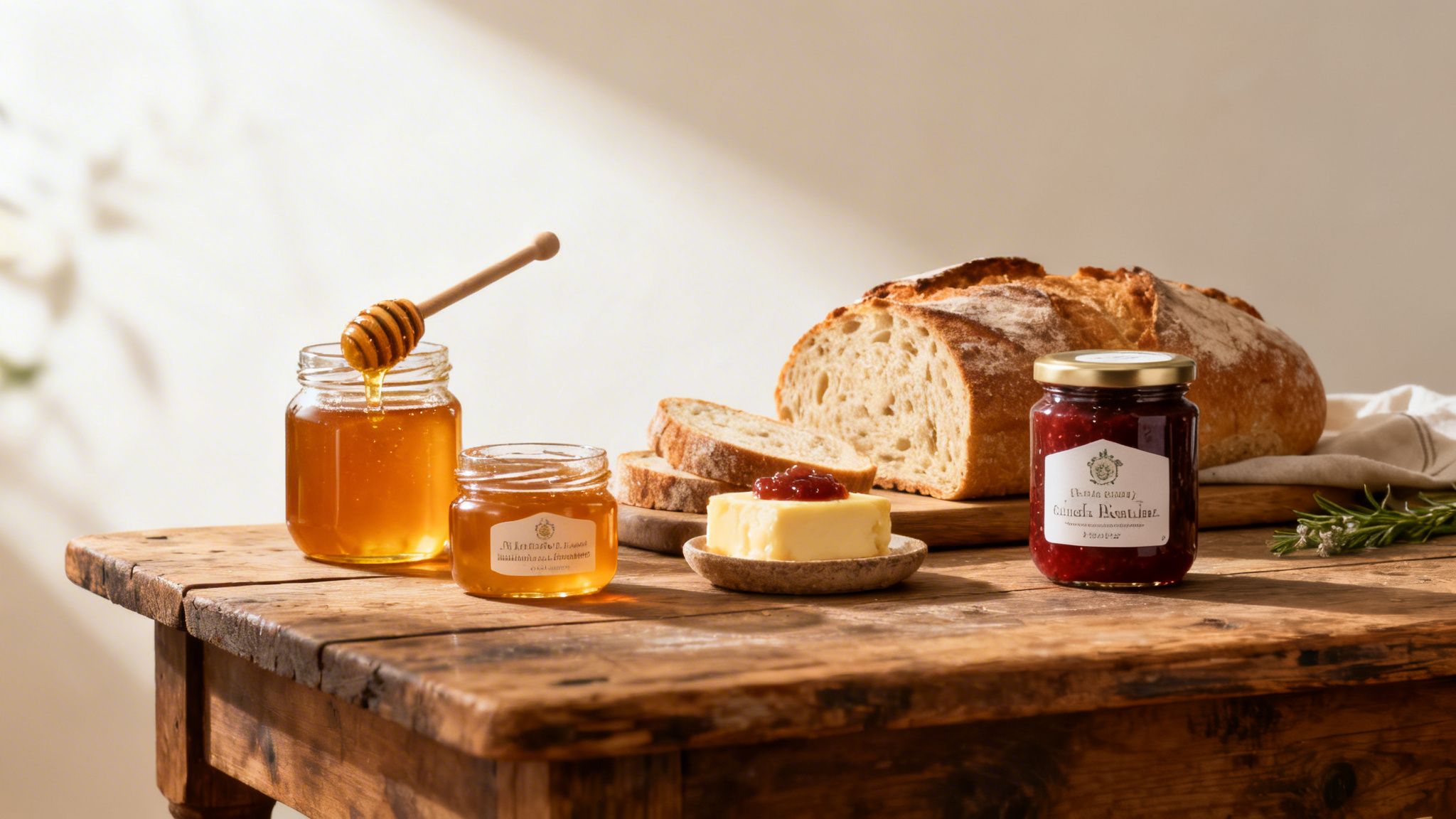 Ein rustikaler Holztisch mit frischem Brot, Honig, Butter und hausgemachter Marmelade in einem hellen, sonnigen Ambiente.