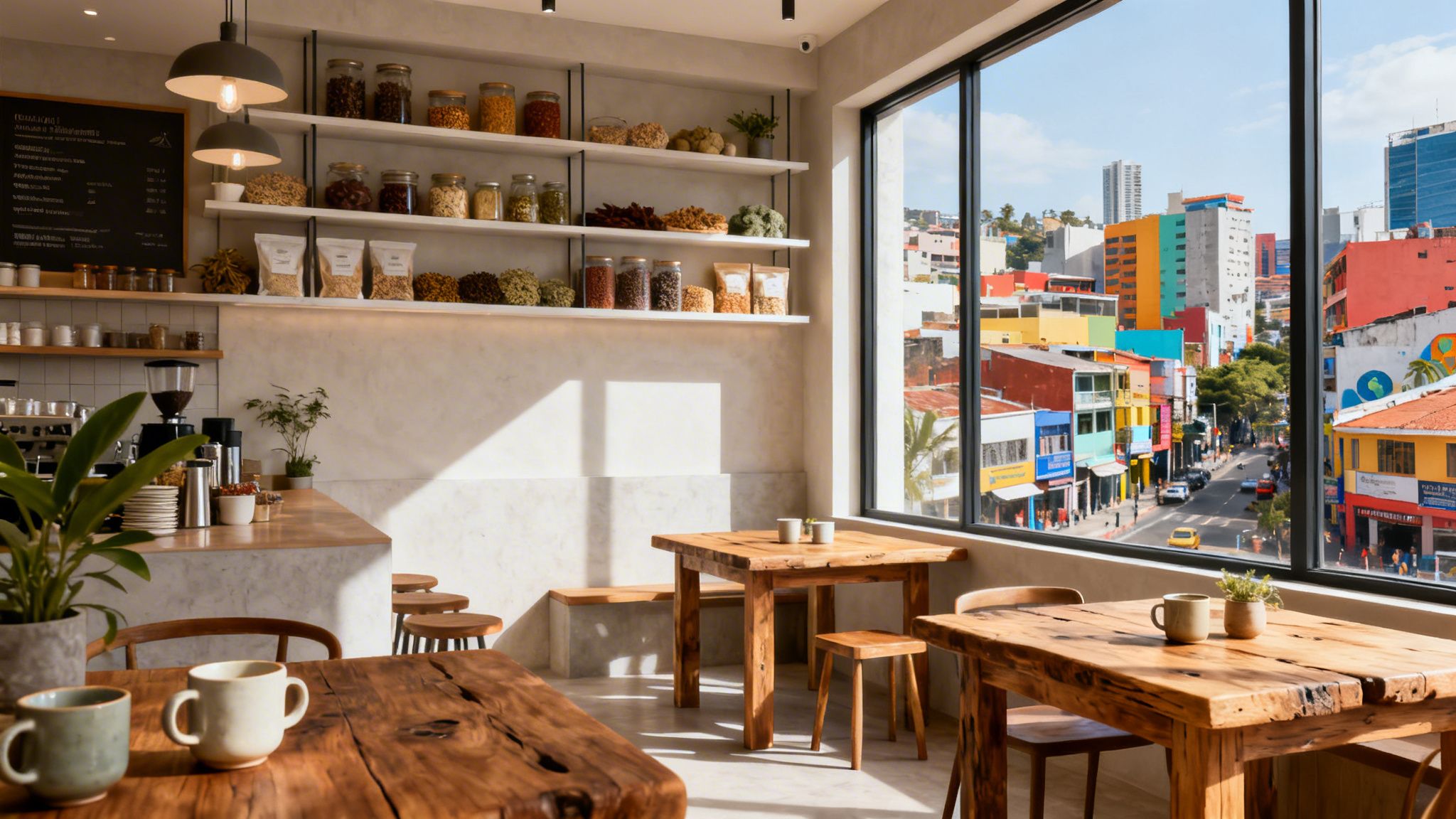 Ein gemütliches Café mit Holztischen und Regalen voller Vorratsgläser mit Blick auf eine bunte Stadtkulisse.