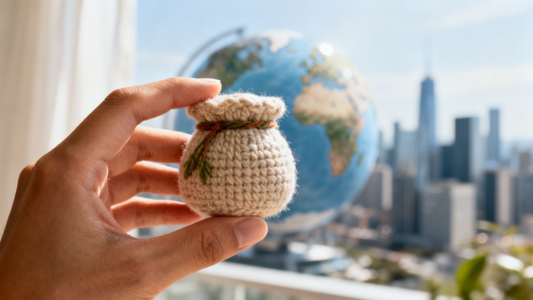 Eine Hand hält einen kleinen, gehäkelten Geldsack vor einem verschwommenen Globus und einer modernen Skyline im Hintergrund.